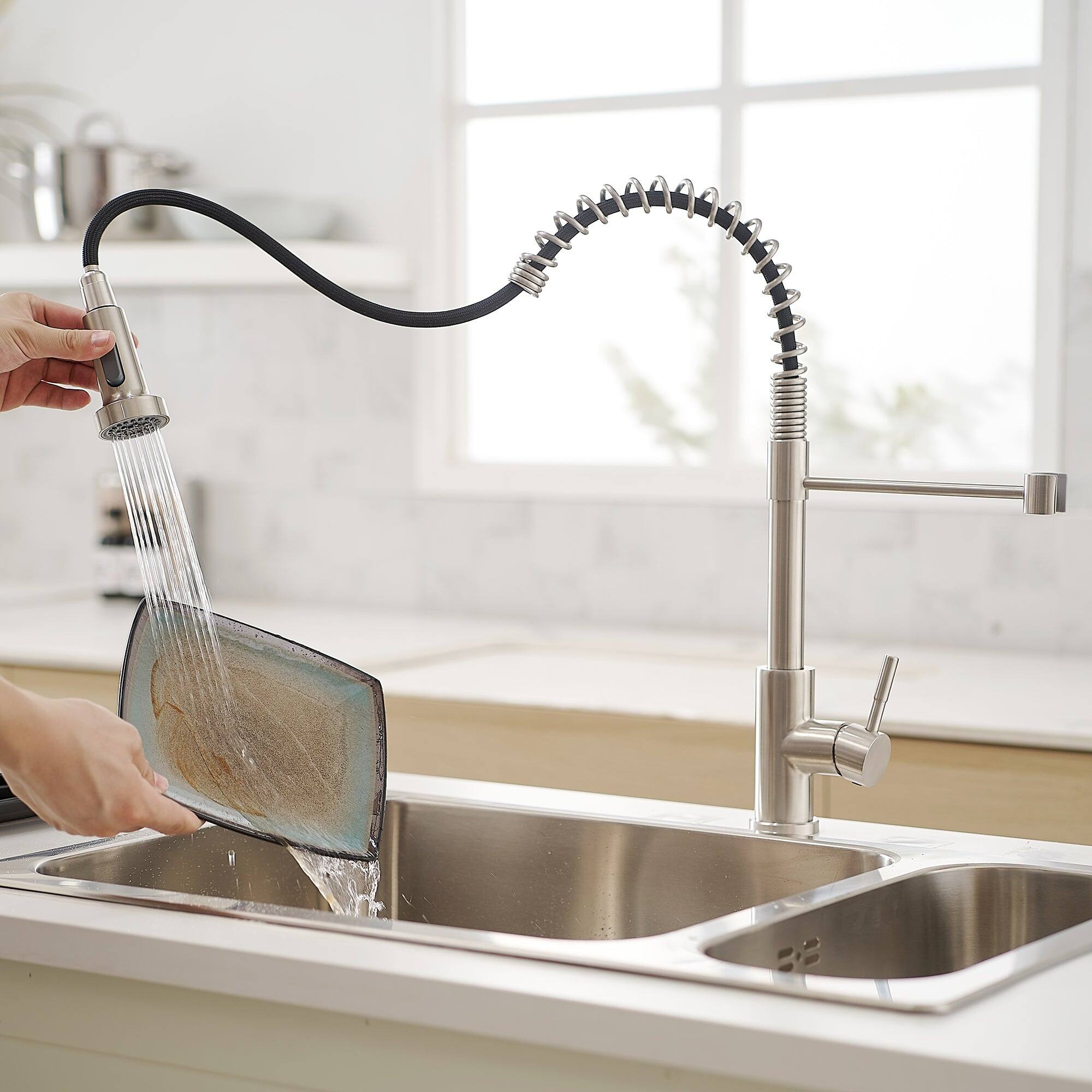 Alt View 5. Boyel Living - Brushed Nickel Single Handle Pull Down Sprayer Kitchen Faucet Stainless Steel with Water Supply Hoses - Brushed Nickel.