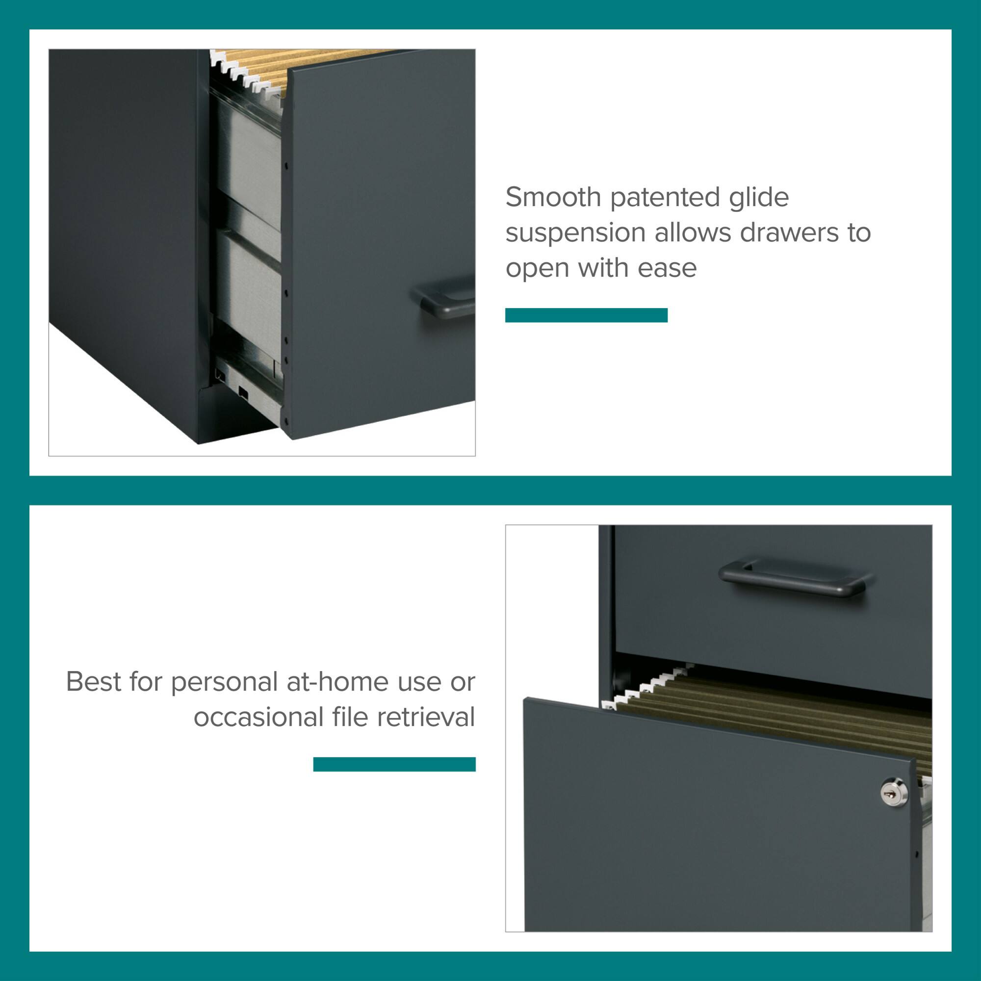 Smooth patented glide suspension allows drawers to open with ease. Best for personal at-home use or occasional file retrieval.