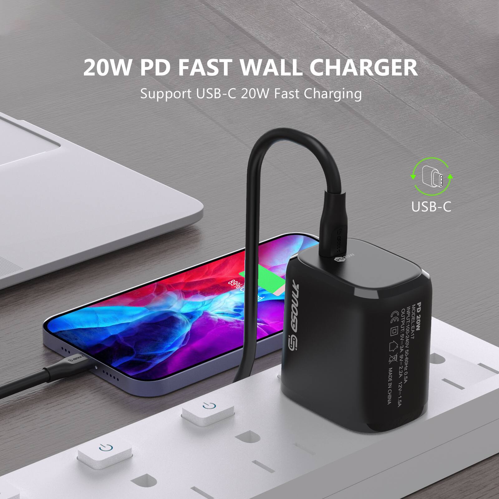 20W PD FAST WALL CHARGER  
Support USB-C 20W Fast Charging  

USB-C  

INPUT: 100-240V~50-60Hz 0.5A  
OUTPUT: 5V/3A, 9V/2.22A, 12V/1.67A  
MADE IN CHINA  

MODEL: VOAS-00T-TU9H