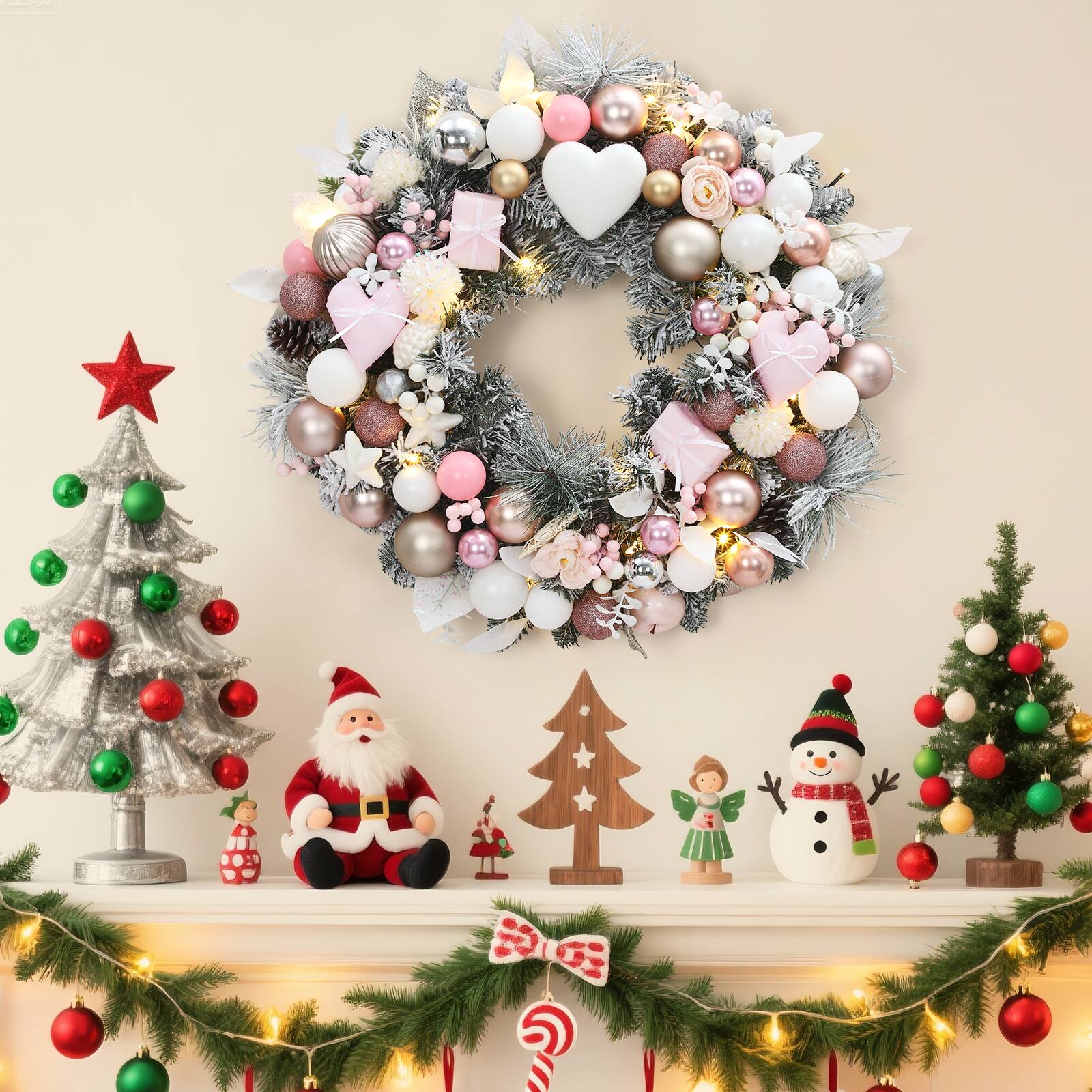 Back. Acekool - 24 Inch Prelit Christmas Wreath Artificial Xmas Wreath with 20 Led Lights Heart and Gift Box Ornaments for Front Door - Pink.