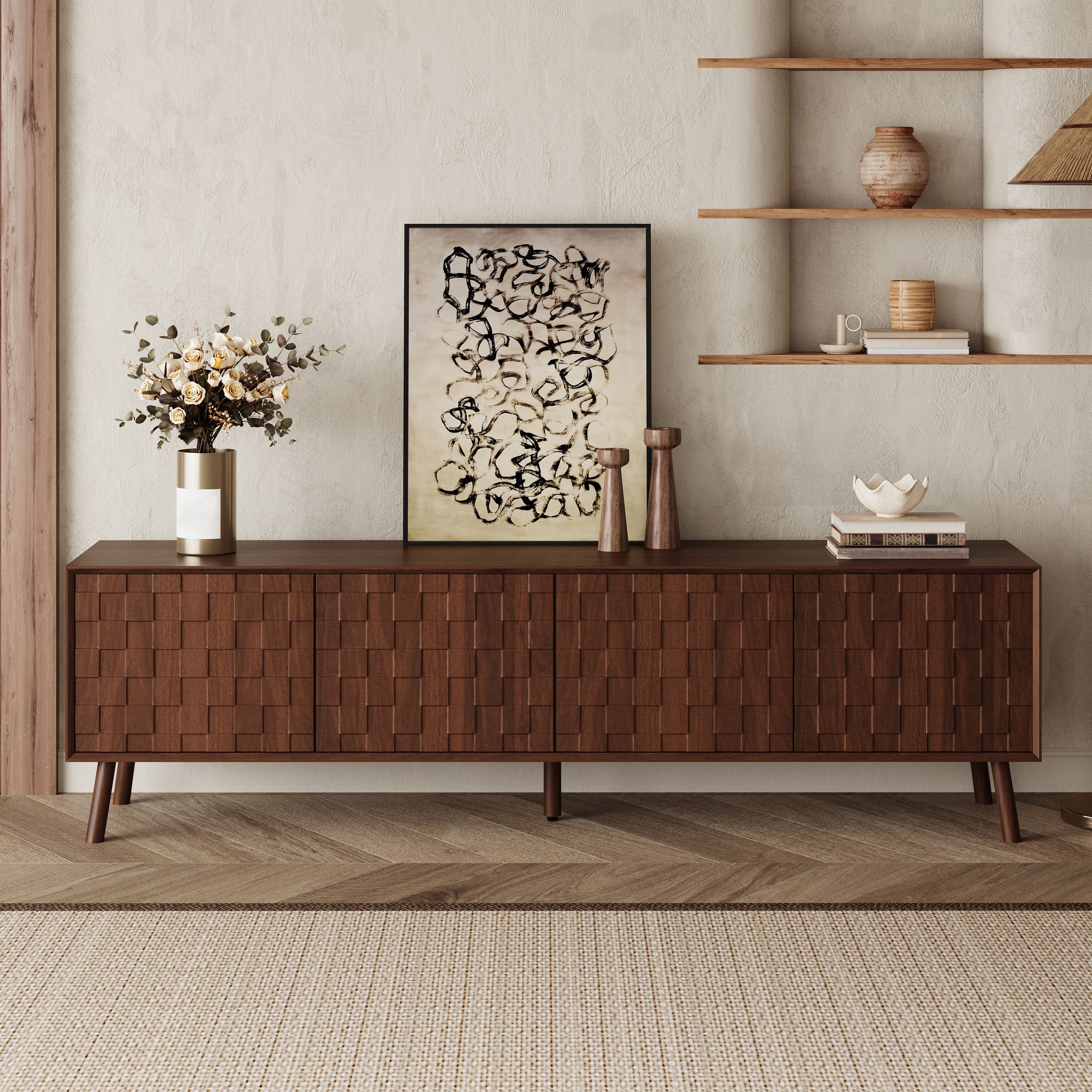 MERAVOM - Mid-Century Modern TV Stand for TVs Up to 80", Entertainment Center with Storage Cabinets, Media Console for Living Room - Walnut