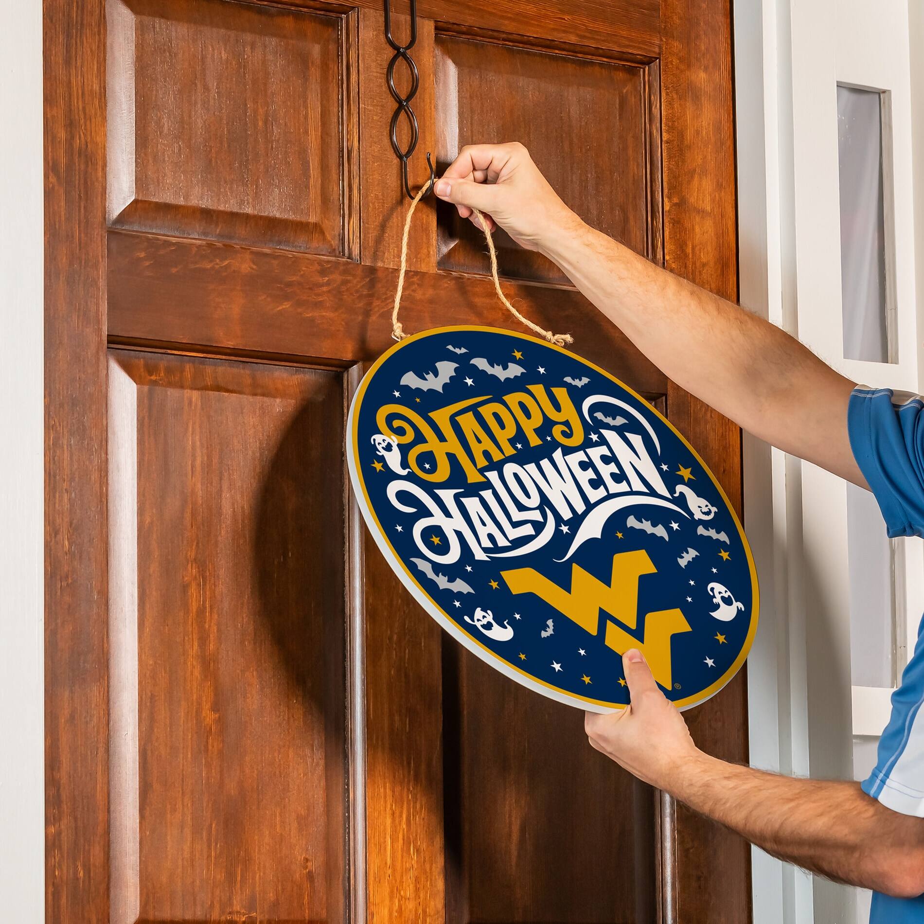 Alt View 1. Evergreen Enterprises - West Virginia Mountaineers 18" Happy Halloween Wooden Round Door Sign - Multicolor.