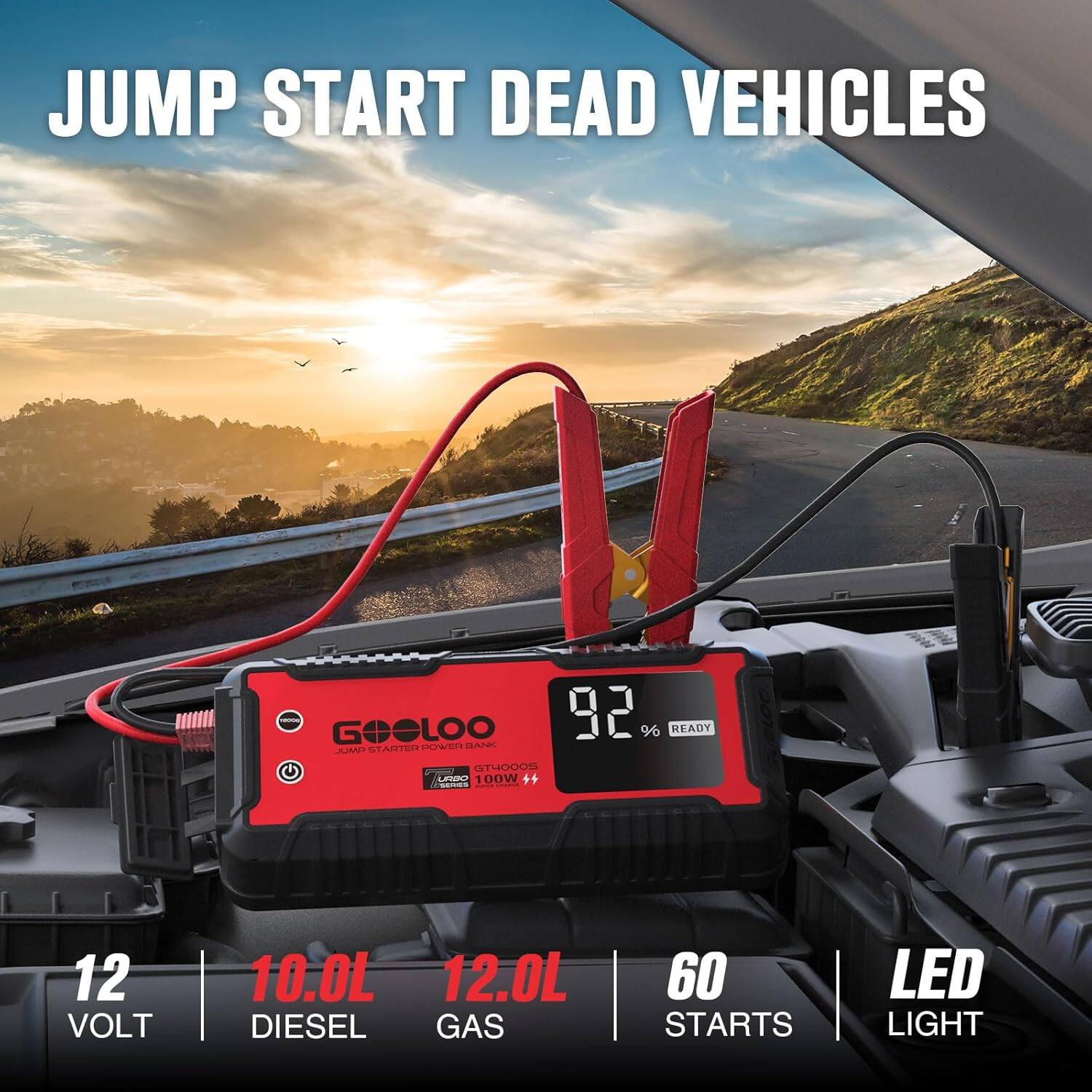 JUMP START DEAD VEHICLES

GOLOO 92% READY

STARTER POWER BANK

12 VOLT

10.0L DIESEL

12.0L GAS

60 STARTS

LED LIGHT