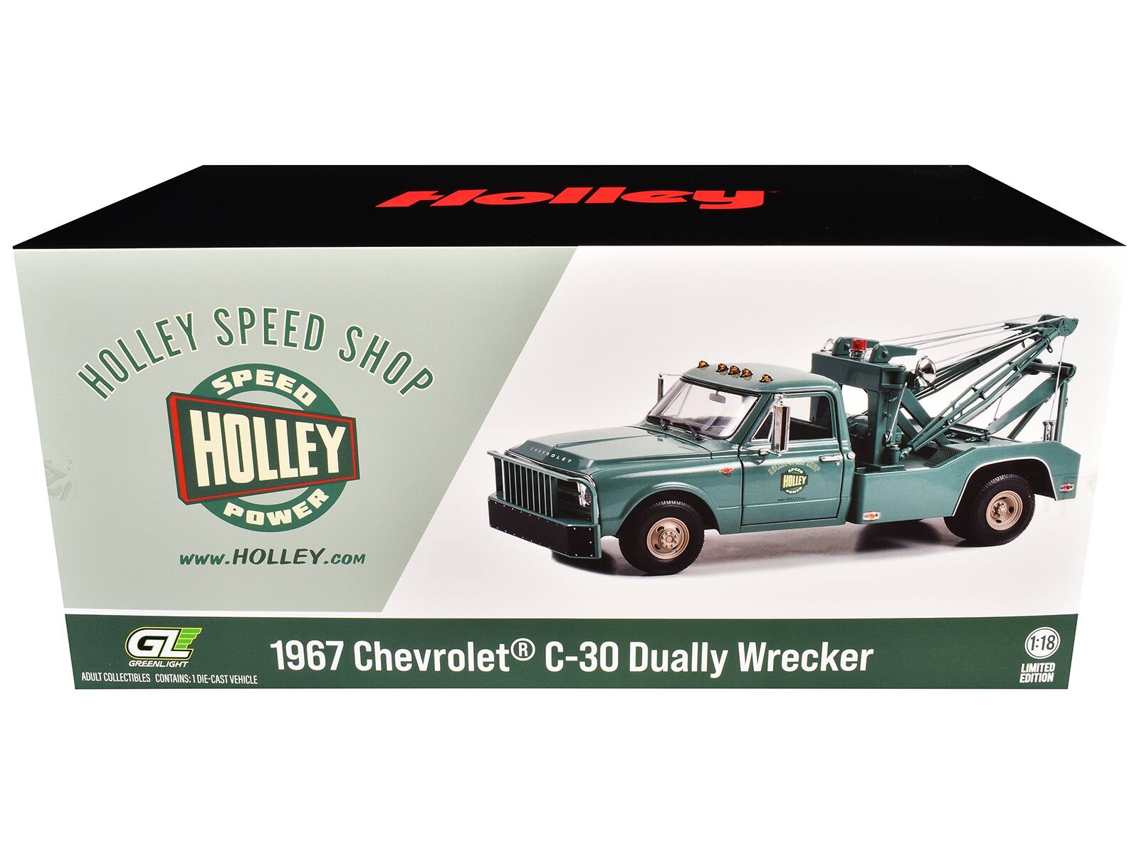 Holley Speed Shop  
Holley Power  
www.Holley.com  

1967 Chevrolet C-30 Dually Wrecker  

Greenlight  
Adult Collectibles  
Contains: 1 Die-Cast Vehicle  

1:18 Limited Edition