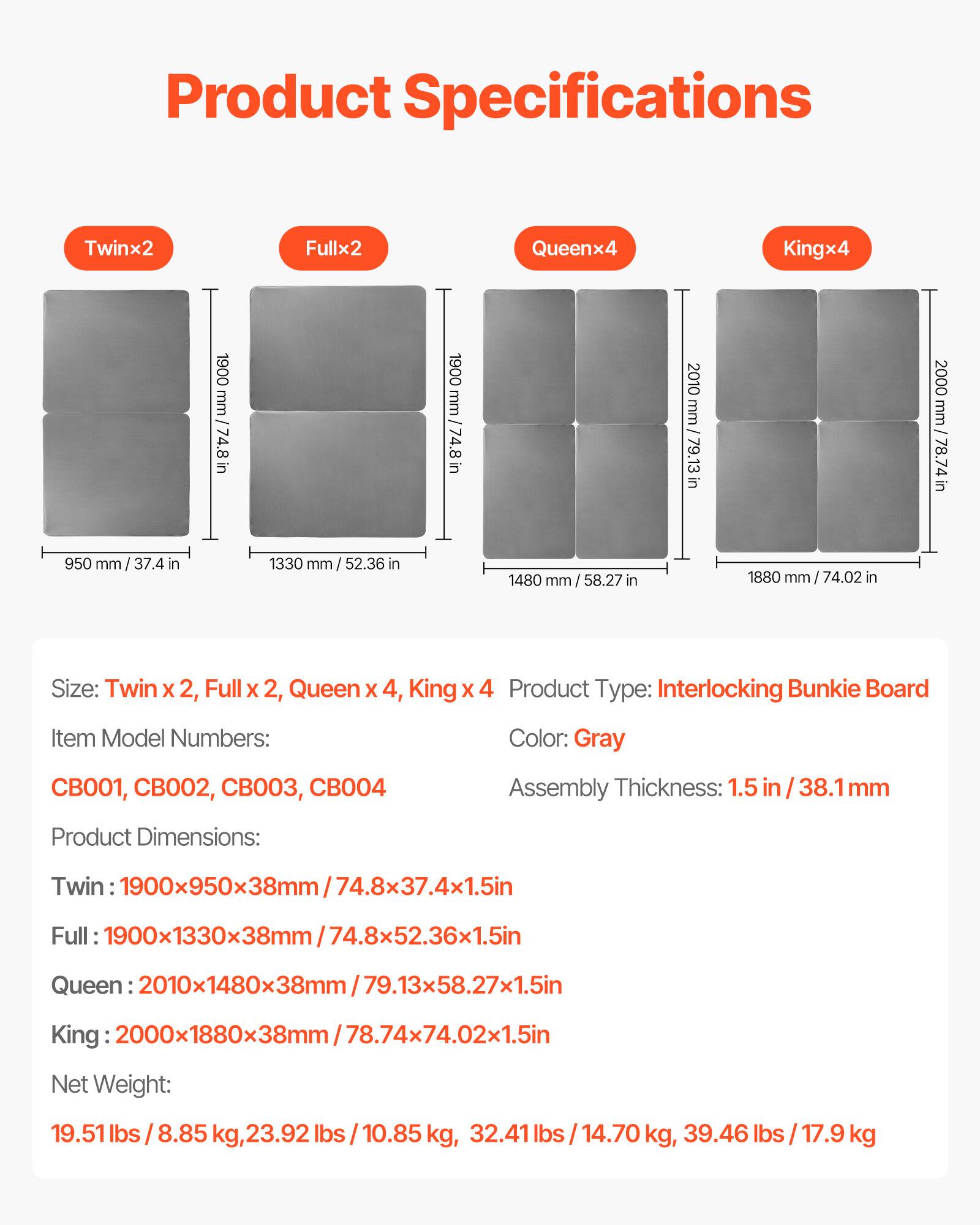 Product Specifications
Twinx2 Fullx2 Queenx4 Kingx4
950 mm / 37.4 in 1900 mm 74.8 in 1330 mm / 52.36 in 1900 1900mm/74.8 in mm 74.8 in 1480 mm / 58.27 in 2010 mm 2010mm/79.13 in in 1880 mm / 74.02 in 2000 mm 78.74 in in
Size: Twin x 2, Full x 2, Queen x 4, King x 4
Product Type: Interlocking Bunkie Board
Item Model Numbers:
Color: Gray
CB001, CB002, CB003, CB004
Assembly Thickness: 1.5 in / 38.1mm 38.1 mm
Product Dimensions:
Twin 1900x950x38mm 74.8x37.4x1.5in
Full 1900x1330x38mm /74.8x52.36x1.5in
Queen 2010x1480x38mm/79. /79.13x58.27x1.5in
King: 2000x1880x38mm x38mm/78.74x74.02x1.5i
Net Weight: 19.51 lbs 8.85 g,23.92 / 10.85 kg, 32.41 lbs 14.70 kg, 39.46 lbs 17.9 kg
