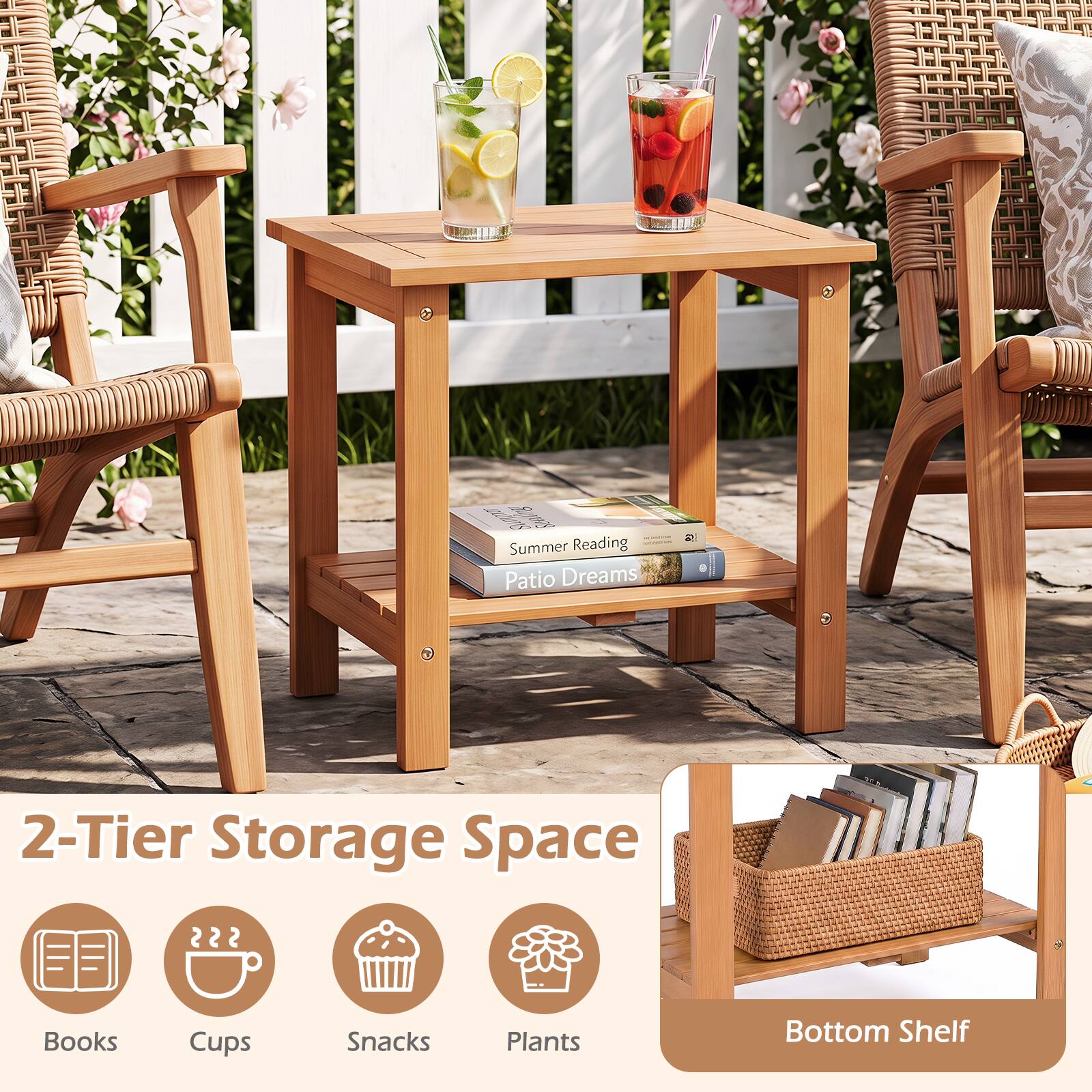 Sure, here is the corrected and grouped text from the image:

---

**Summer Reading Patio Dreams**

**2-Tier Storage Space**

- Books
- Cups
- Snacks
- Plants

**Bottom Shelf**