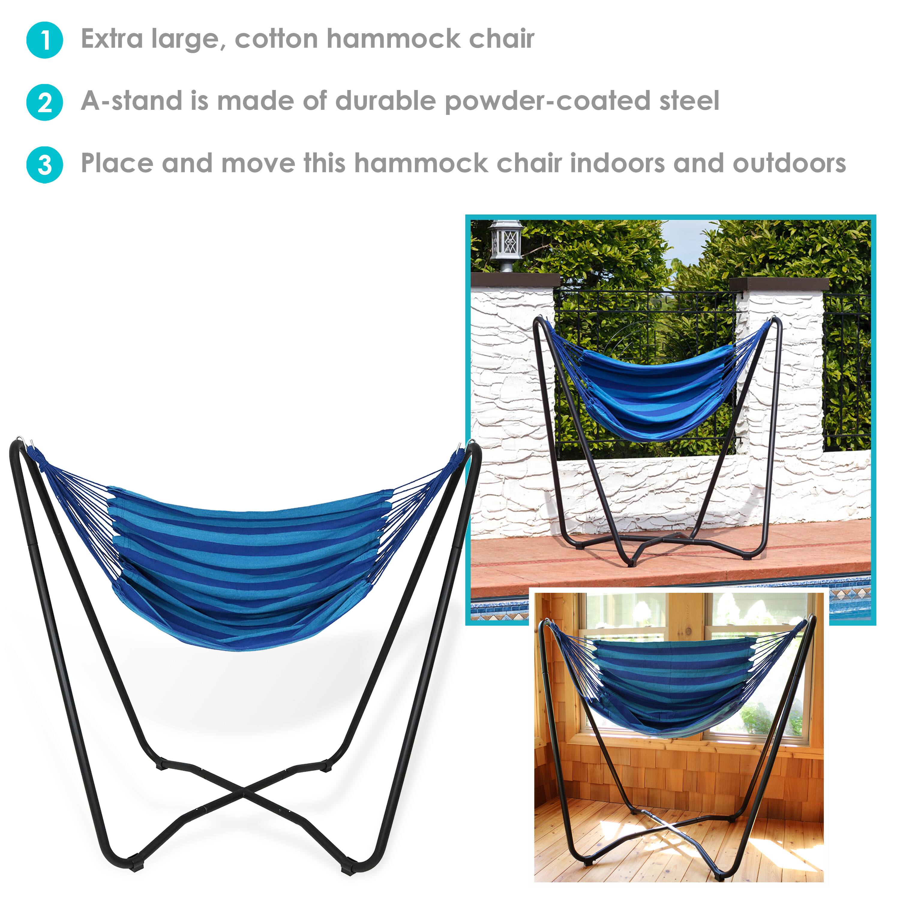 1. Extra large, cotton hammock chair  
2. A-stand is made of durable powder-coated steel  
3. Place and move this hammock chair indoors and outdoors