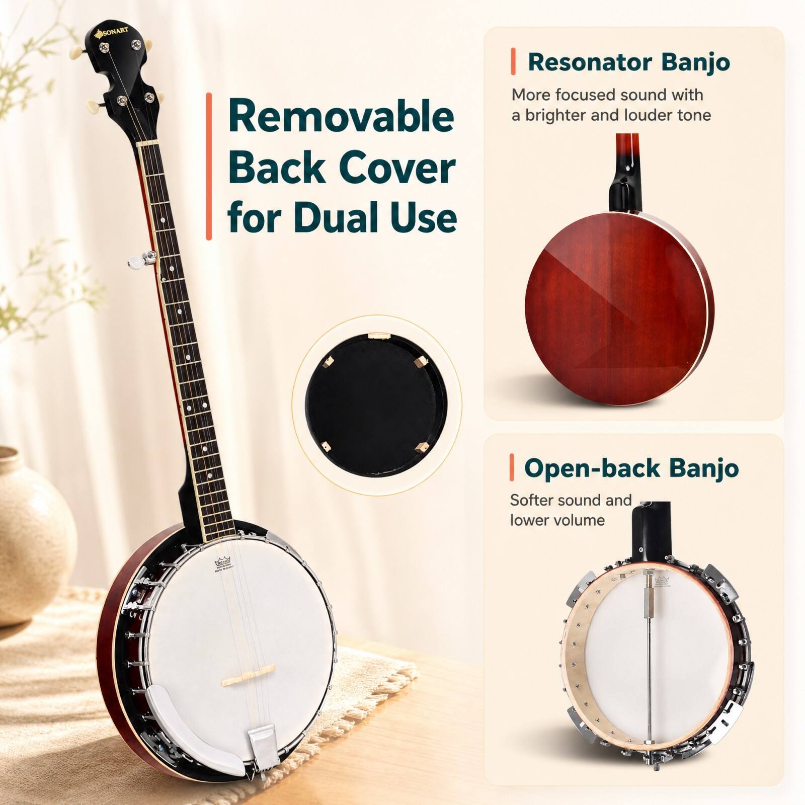 SONART

Removable Back Cover for Dual Use

Resonator Banjo
More focused sound with a brighter and louder tone

Open-back Banjo
Softer sound and lower volume