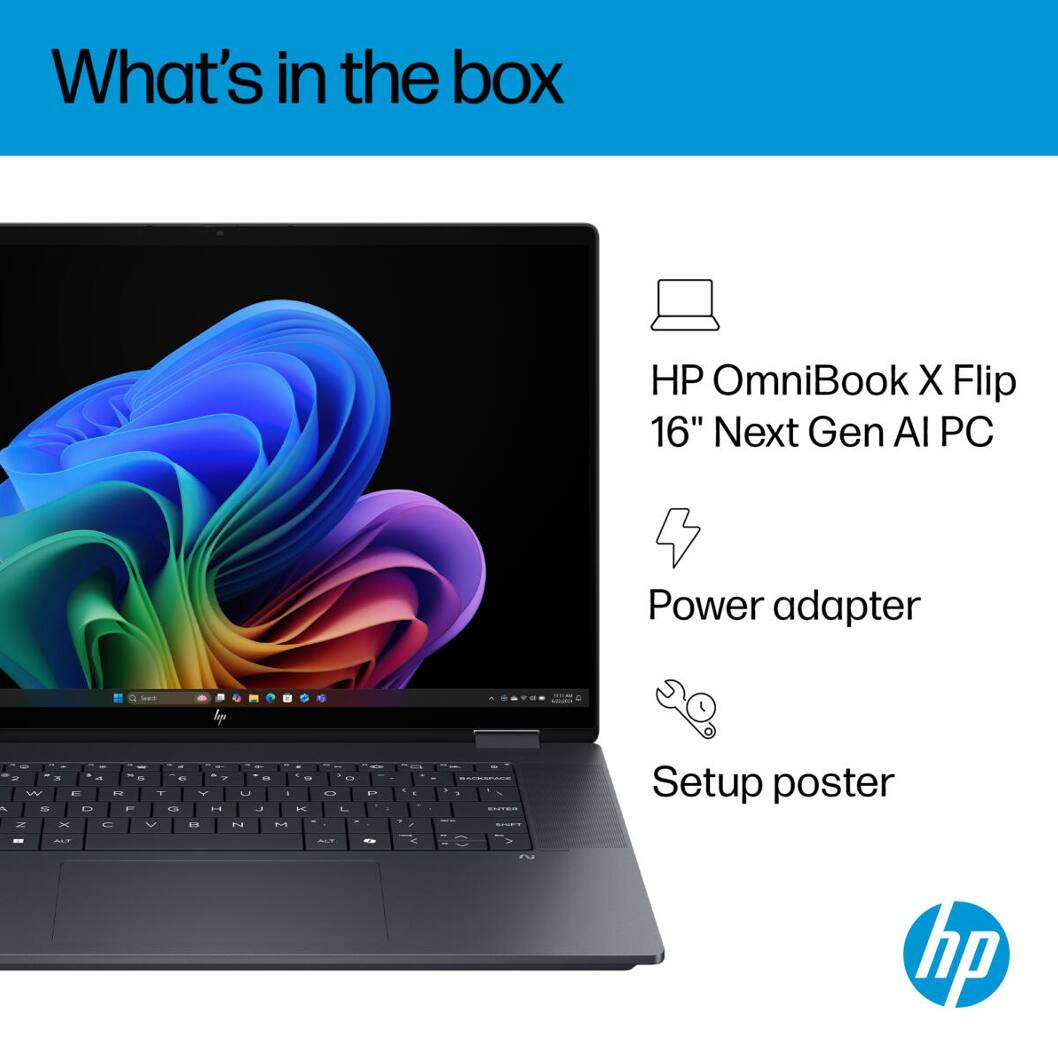 What's in the box

- HP OmniBook X Flip 16" Next Gen AI PC
- Power adapter
- Setup poster