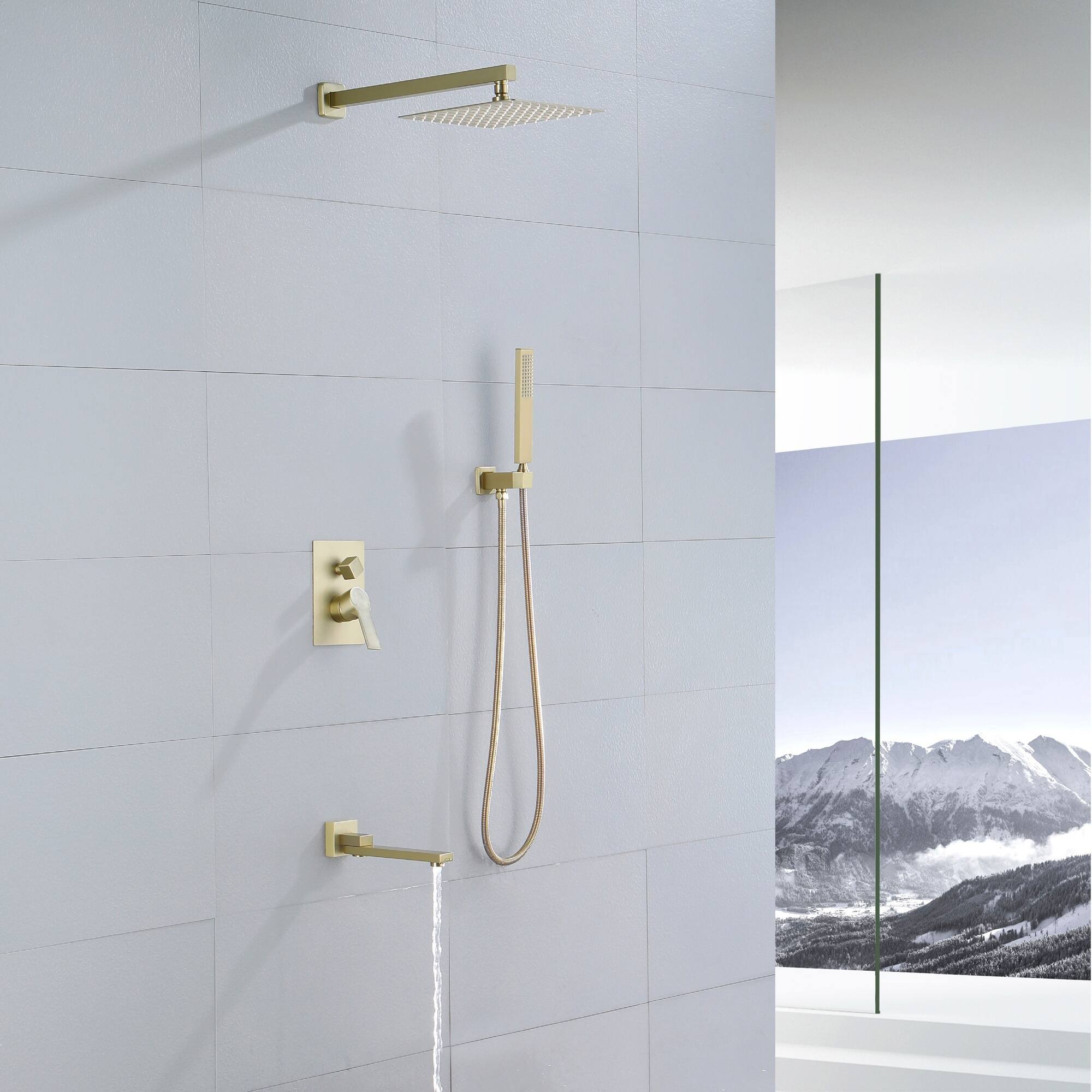 Alt View 3. Boyel Living - Brushed Gold 12-Inch Rain Shower System Brass SUS304 3-Function Valve Handheld 180° Spout cUPC - Brushed Gold.