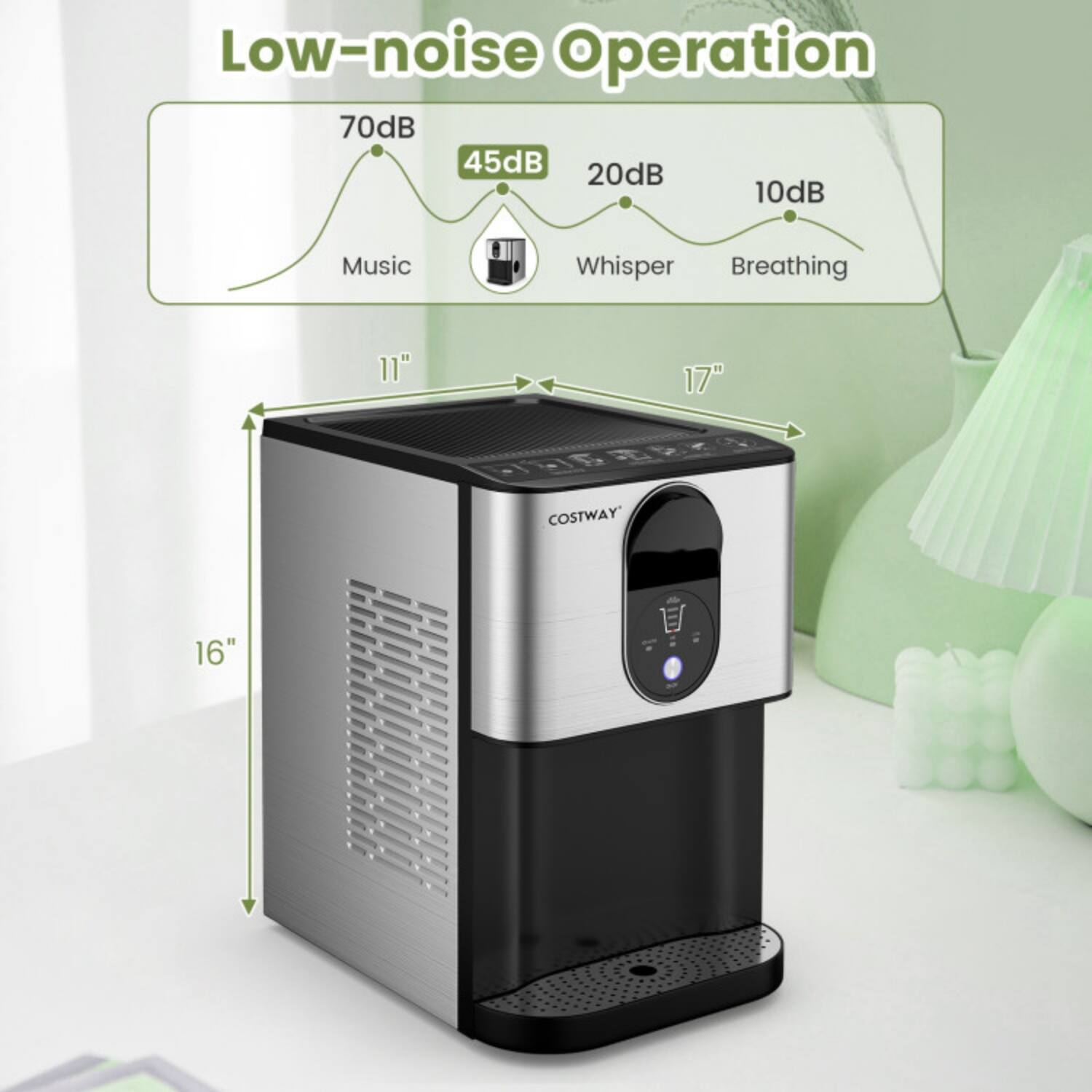 Low-noise Operation  
70dB Music  
45dB Whisper  
20dB Breathing  
10dB  
11"  
17"  
16"  
COSTWAY