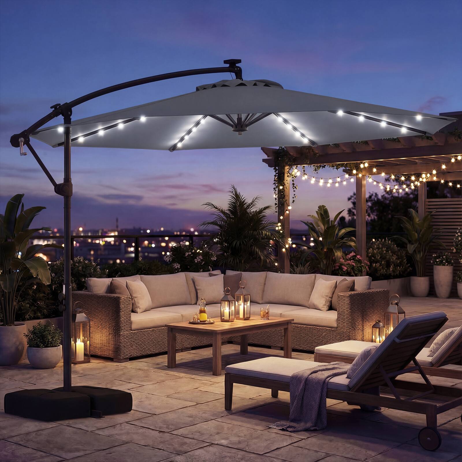 Alt View 3. Costway - Costway 10 FT Solar Offset Hanging Umbrella Patio Cantilever Umbrella with 32 LED Lights - Gray.