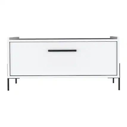 Front. TuHome - Shan 15"High Minimalistic Coffe Table With Pull Down Cabinet And Open Shelf - White.