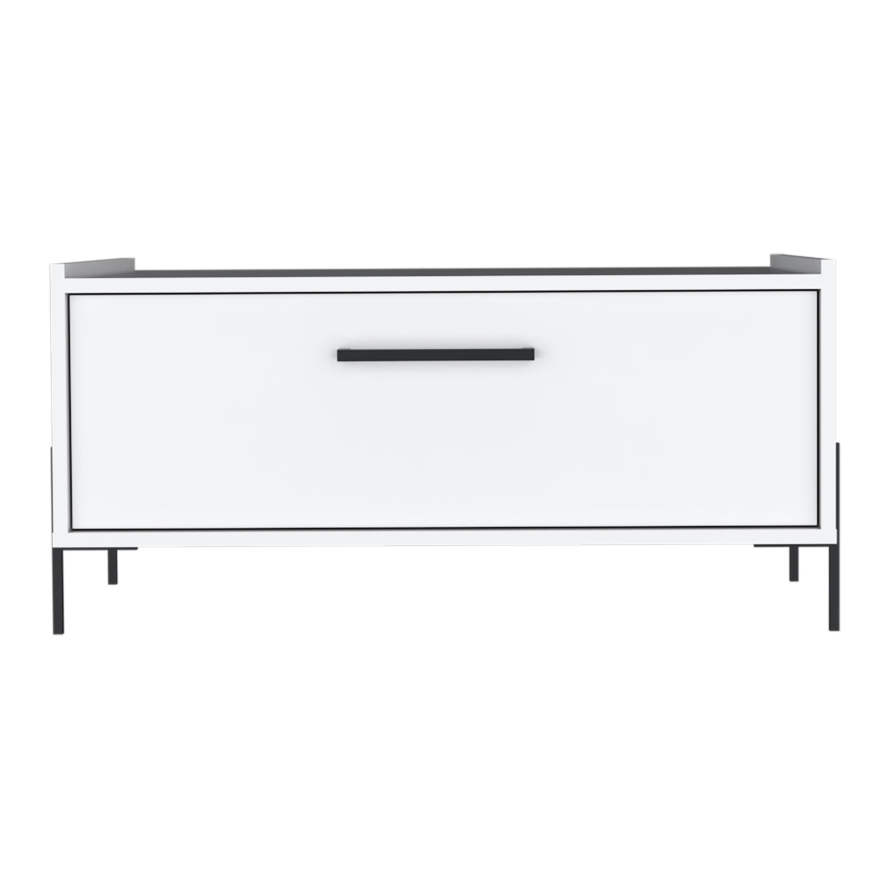 Front. TuHome - Shan 15"High Minimalistic Coffe Table With Pull Down Cabinet And Open Shelf - White.