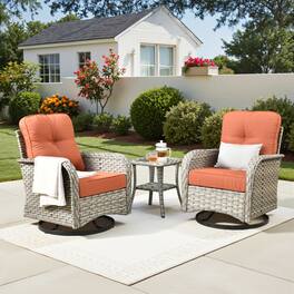 Ovios - 3 PCS Patio Rocker Set, Wicker Rocking Chairs, Rattan Swivel Chairs with Side Table - Orange Red