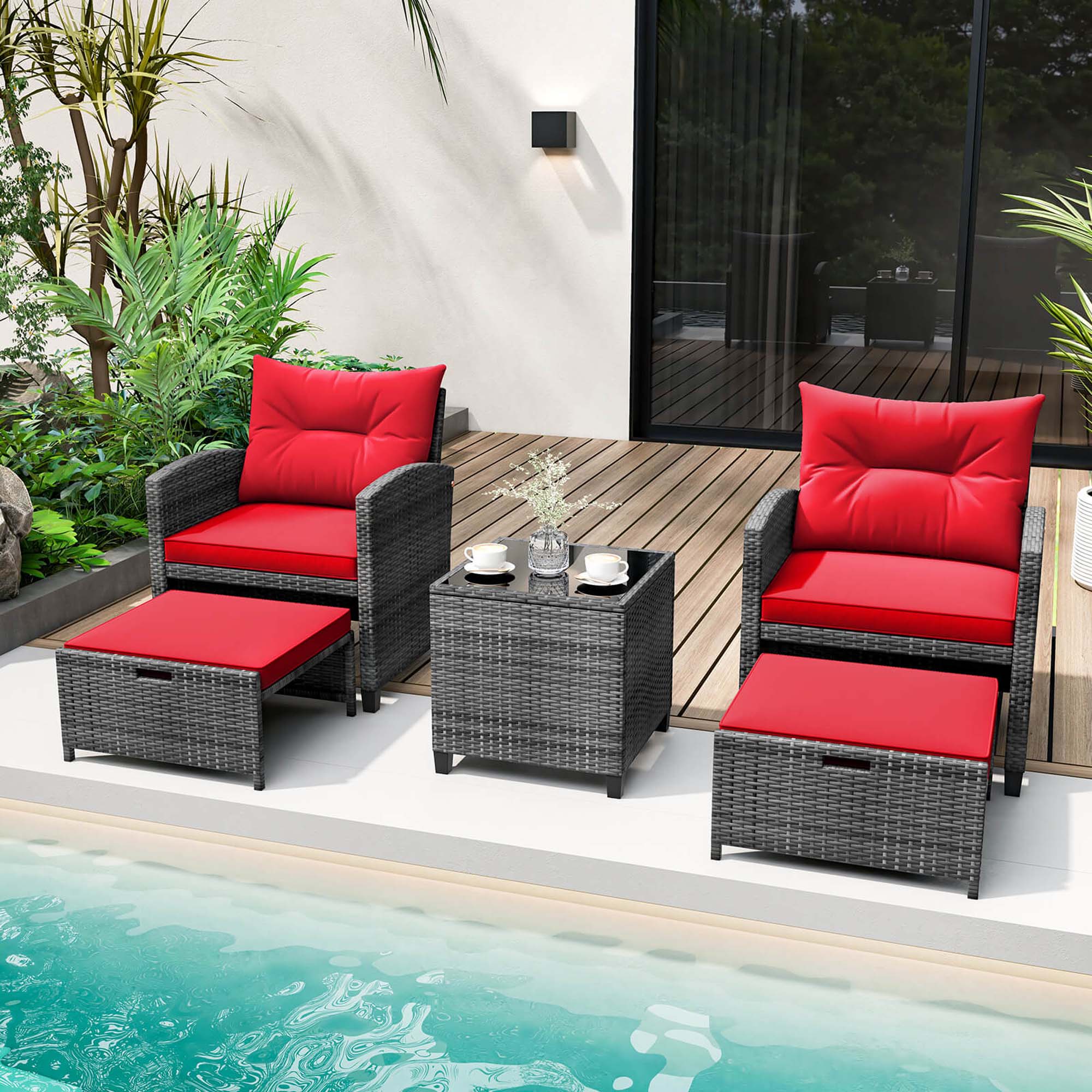 Alt View 1. Costway - Costway 5 Piece Patio Rattan Furniture with 2 Ottomans & Tempered Glass Coffee Table - Red.
