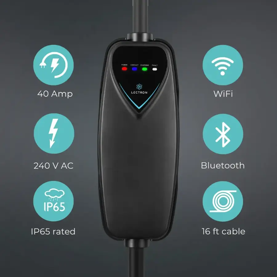 The image features a device with several icons and text descriptions. The text on the image reads: "Fds Ca - FAS 40 Amp LECTRON WiFi 240 V AC Bluetooth IP65 IP65 rated 16 ft cable." The icons and text descriptions include:

1. WiFi: The device is WiFi-enabled.
2. Bluetooth: The device is Bluetooth-enabled.
3. IP65 rated: The device is rated IP65, which indicates that it is protected against dust and water.
4. 16 ft cable: The device comes with a 16-foot cable.
5. FDS CA - FAS 40 Amp: The device is a FDS CA - FAS 40 Amp device.

The image also features a black box with a green light on it, which is likely related to the device's functionality.