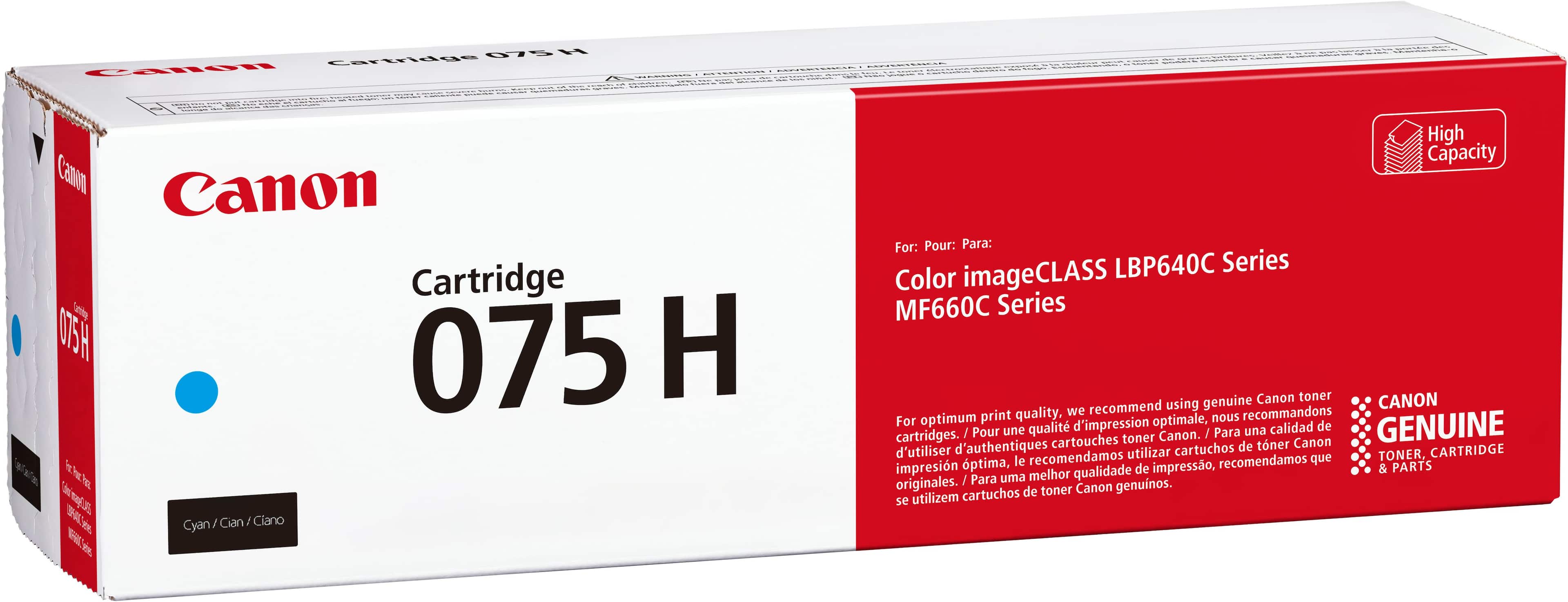 Canon
Cartridge 075 H
Cyan / Cian / Ciano
High Capacity
For: Pour: Para:
Color imageCLASS LBP640C Series
MF660C Series
For optimum print quality, we recommend using genuine Canon toner cartridges.
For une qualité d'impression optimale, nous recommandons d'utiliser des cartouches toner Canon authentiques.
Para una calidad de impresión óptima, recomendamos utilizar cartuchos de toner Canon originales.
CANON
GENUINE
TONER & PARTS
CARTRIDGE