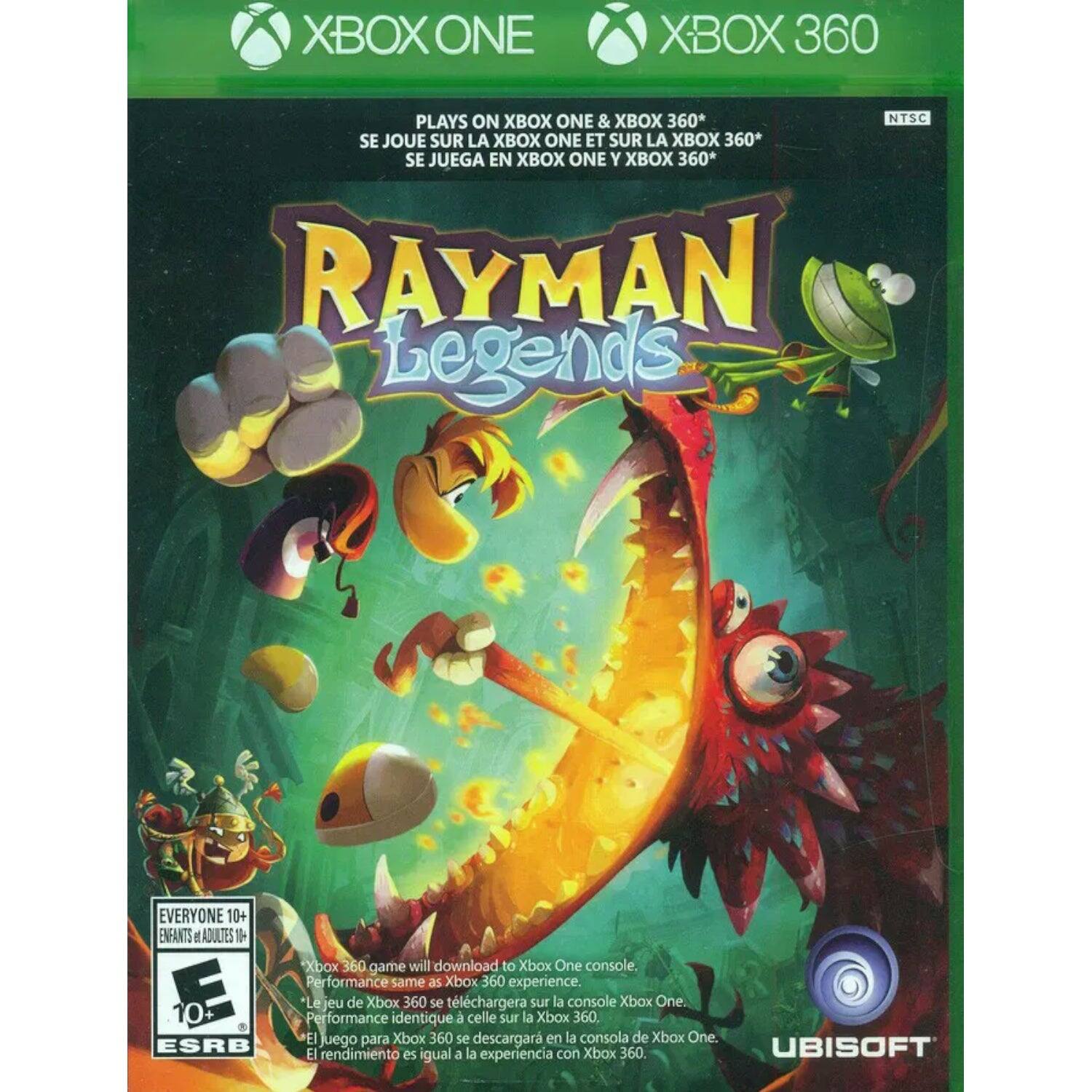 XBOX ONE XBOX 360  
PLAYS ON XBOX ONE & XBOX 360*  
SE JOUE SUR LA XBOX ONE ET SUR LA XBOX 360*  
SE JUEGA EN XBOX ONE Y XBOX 360*  

RAYMAN Legends  

EVERYONE 10+  
ENFANTS ADULTES 10+  

Xbox 360 game will download to Xbox One console. Performance same as Xbox 360 experience.  
Le jeu de Xbox 360 se téléchargera sur la console Xbox One. Performance identique à celle de la Xbox 360.  
El juego para Xbox 360 se descargará en la consola de Xbox One. El rendimiento es igual a la experiencia con Xbox 360.  

ESRB  
10+  

UBISOFT