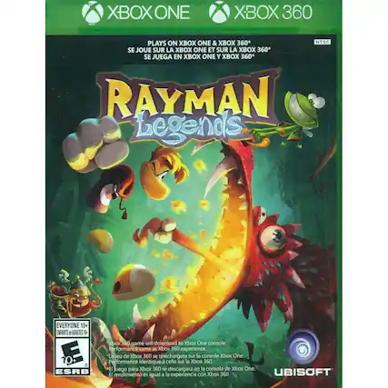XBOX ONE XBOX 360
PLAYS ON XBOX ONE & XBOX 360*
SE JOUE SUR LA XBOX ONE ET SUR LA XBOX 360*
SE JUEGA EN XBOX ONE Y XBOX 360*
RAYMAN Legends
EVERYONE 10+
ENFANTS ADULTES 10+
Xbox 360 game will download to Xbox One console. Performance same as Xbox 360 experience.
Le jeu de Xbox 360 se téléchargera sur la console Xbox One. Performance identique à celle de la Xbox 360.
El juego para Xbox 360 se descargará en la consola de Xbox One. El rendimiento es igual a la experiencia con Xbox 360.
ESRB
10+
UBISOFT - E10+ (Everyone 10+)