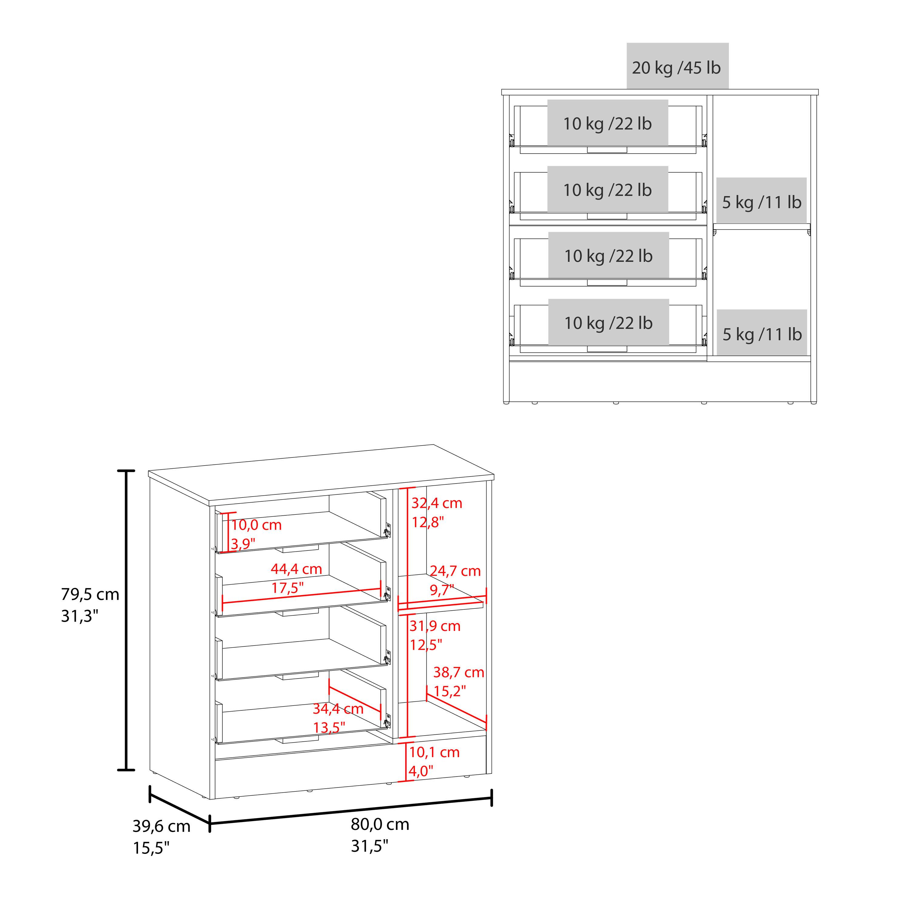 - 20 kg / 45 lb
- 10 kg / 22 lb
- 10 kg / 22 lb
- 5 kg / 11 lb
- 10 kg / 22 lb
- 10 kg / 22 lb
- 5 kg / 11 lb

- 79,5 cm / 31,3"
- 39,6 cm / 15,5"
- 80,0 cm / 31,5"
- 32,4 cm / 12,8"
- 24,7 cm / 9,7"
- 31,9 cm / 12,5"
- 34,4 cm / 13,5"
- 10,0 cm / 3,9"
- 44,4 cm / 17,5"
- 10,1 cm / 4,0"
- 38,7 cm / 15,2"
- 39,6 cm / 15,5"