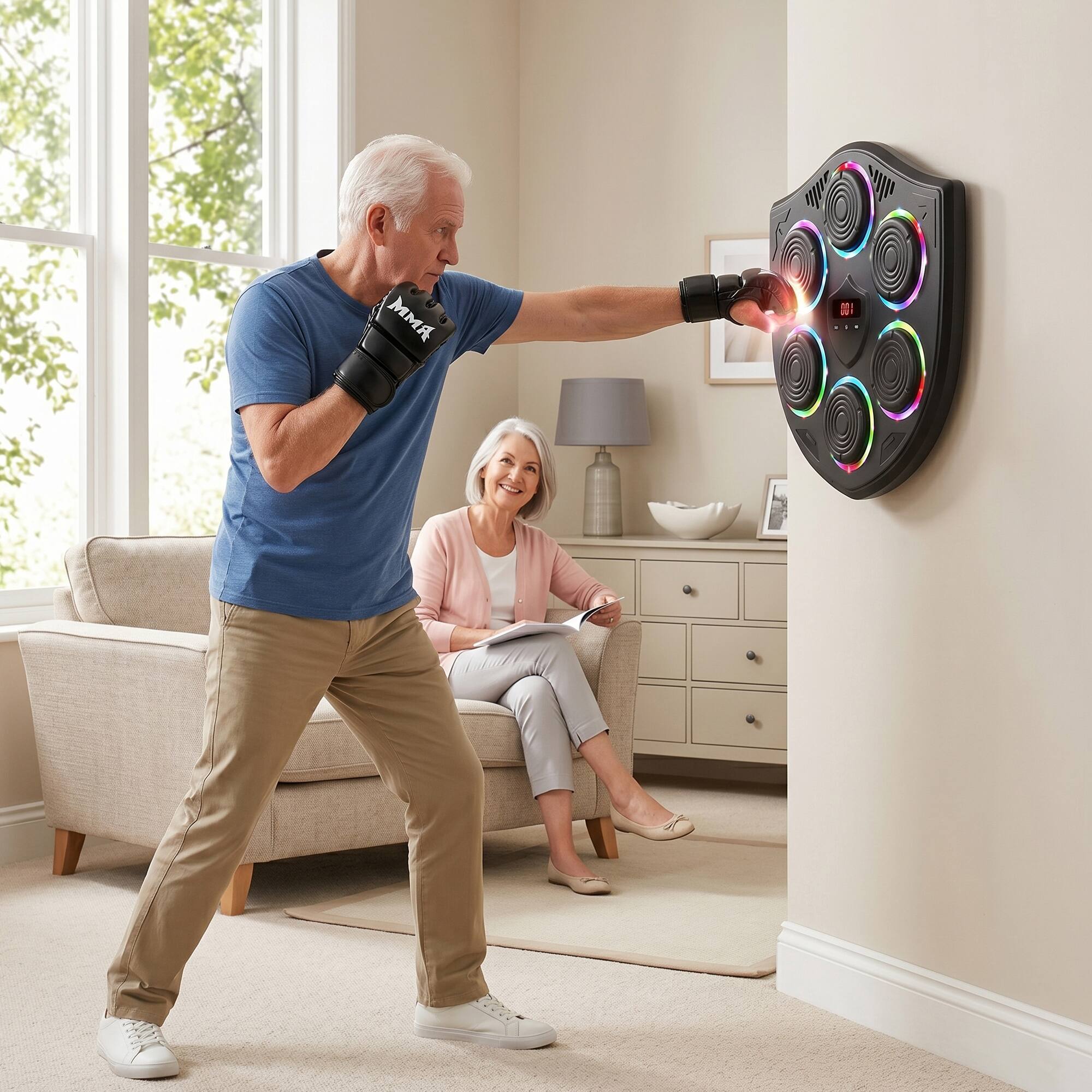 Alt View 8. Topteng - Smart Music Boxing Machine with LED Target Lights - Bluetooth, Wall-Mounted, Includes Gloves for Home Gym - Black.