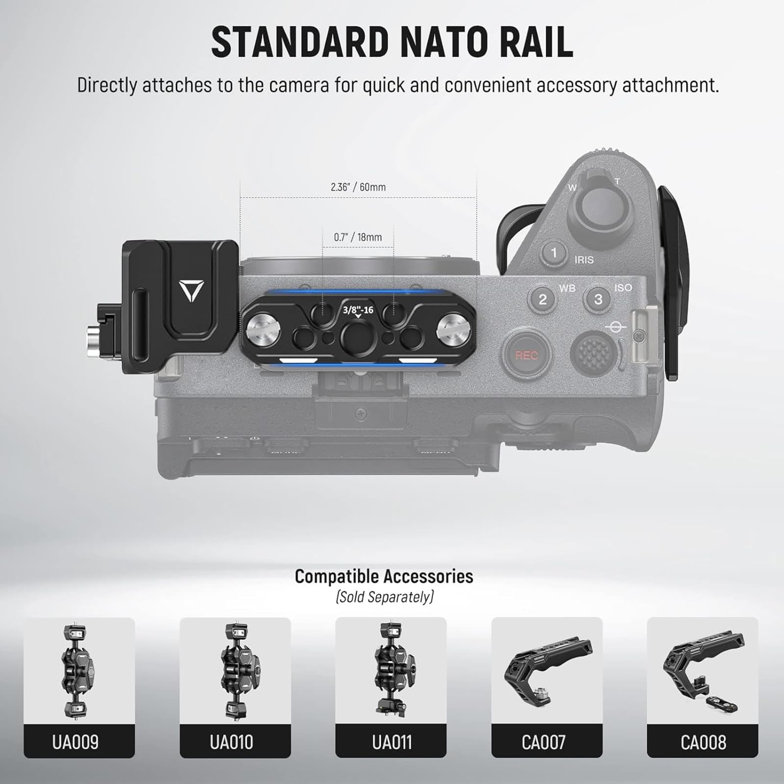 STANDARD NATO RAIL  
Directly attaches to the camera for quick and convenient accessory attachment.  

2.36" / 60mm  
0.7" / 18mm  

1 IRIS  
3/8"-16  

Compatible Accessories (Sold Separately)  
UA009  
UA010  
UA011  
CA007  
CA008