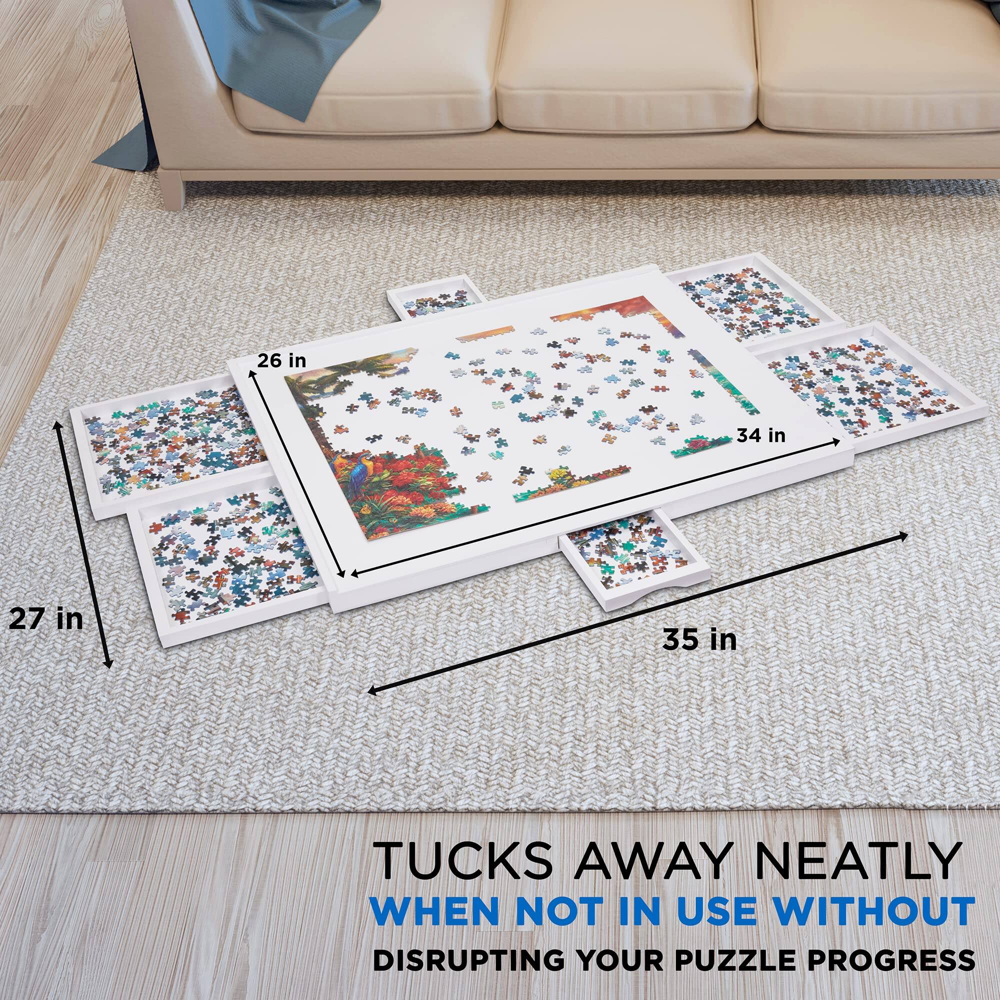 26 in 34 in 27 in 35 in TUCKS AWAY NEATLY WHEN NOT IN USE WITHOUT DISRUPTING YOUR PUZZLE PROGRESS