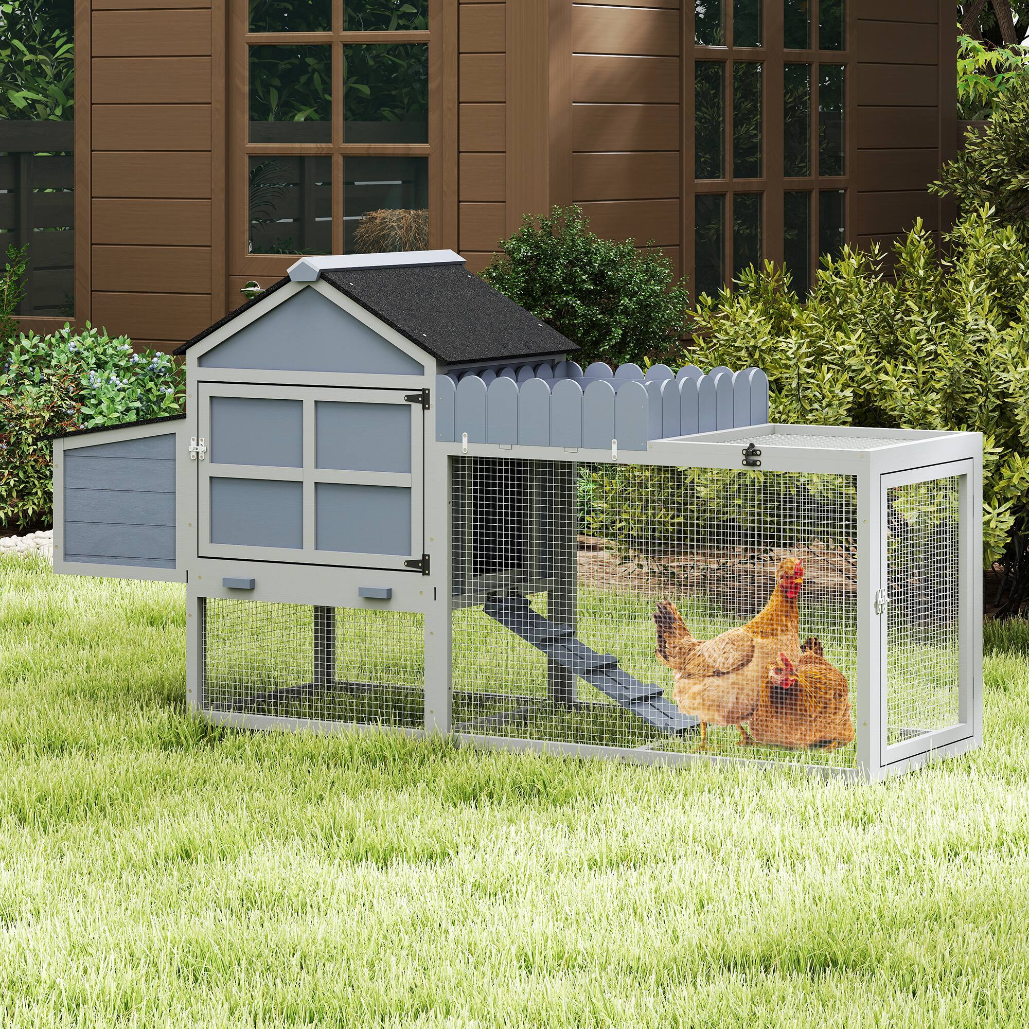 Alt View 4. TinyHomie - 80inch  2 Tier Wooden Chicken Coop Hen House Nesting Box Run Planter PVC Roof Gray.