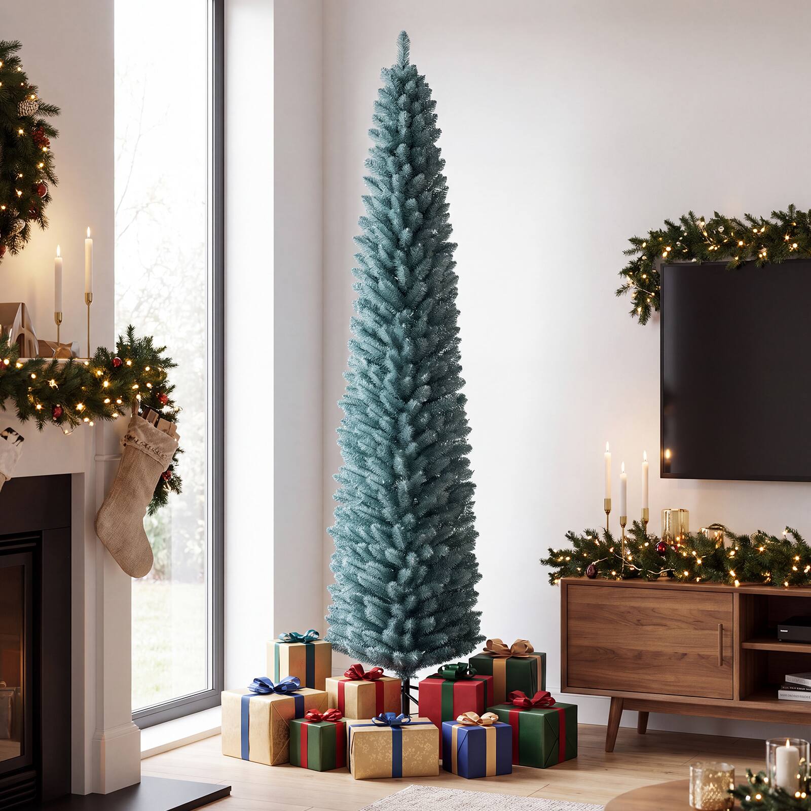 Alt View 4. Costway - Costway 7 FT Artificial Pencil Christmas Tree with 418 Lush Branch Tips Folding Metal Stand - Gray Green.