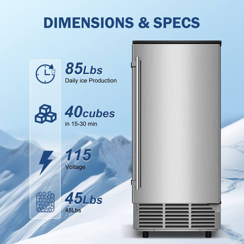 DIMENSIONS & SPECS

- 85Lbs Daily ice Production
- 40 cubes in 15-30 min
- 115 Voltage
- 45Lbs