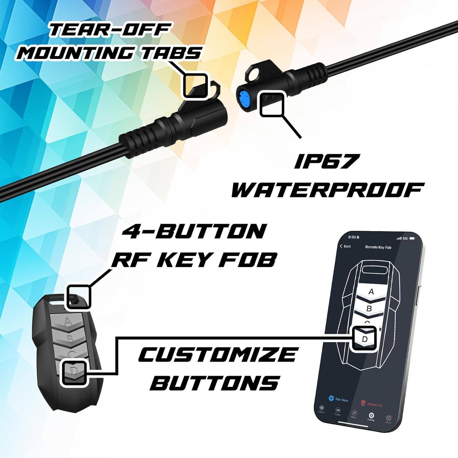 TEAR-OFF MOUNTING TABS  
IP67 WATERPROOF  
4-BUTTON RF KEY FOB  
CUSTOMIZE BUTTONS