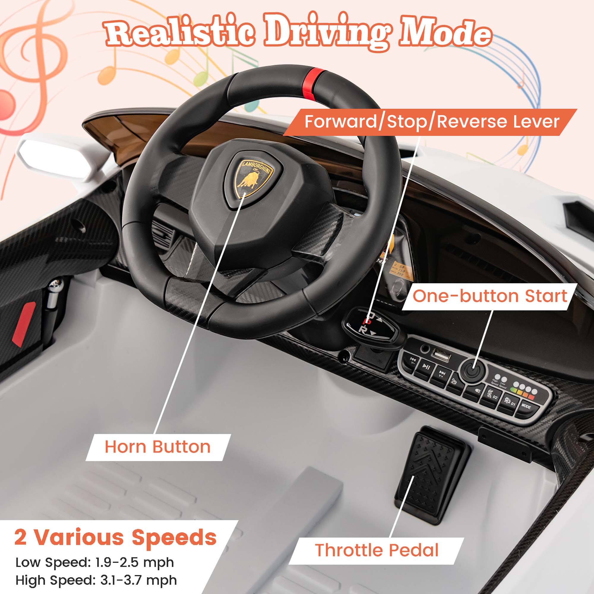 Realistic Driving Mode

- Forward/Stop/Reverse Lever
- One-button Start
- Horn Button
- Throttle Pedal

2 Various Speeds
- Low Speed: 1.9-2.5 mph
- High Speed: 3.1-3.7 mph