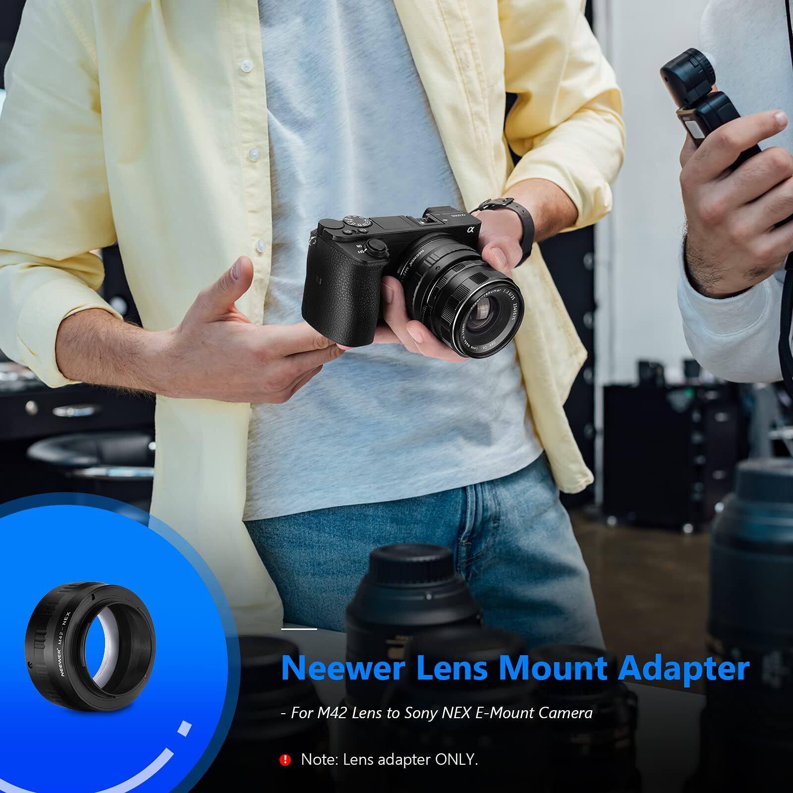 Neewer Lens Mount Adapter  
- For M42 Lens to Sony NEX E-Mount Camera  
Note: Lens adapter ONLY.