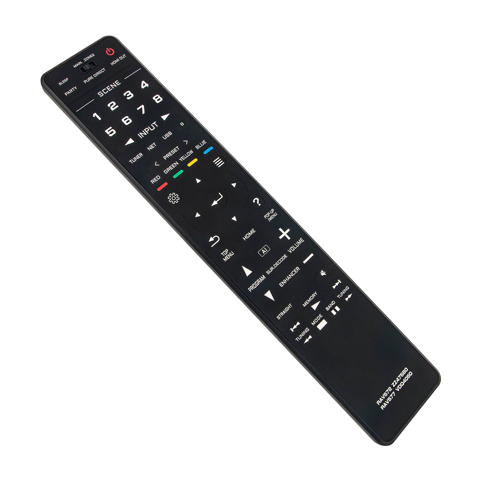 Sure, here is the corrected and grouped text from the image:

---

**Top Section:**
- MAIN ZONE
- HOME OUT
- SLEEP
- PARTY
- SCENE
  - 1 2 3 4 5 6 7 8
- DIRECT
- INPUT
  - 1 2 3 4 5 6 7 8
- USB
- NET TUNER
- PRESET
  - YELLOW GREEN RED
- BLUE
- POPUP
- HOME
- TOP
- AL
- VOLUME
- MENU
- SUIDECODE
- PROGRAM
- ENHANCER
- MEMORY
- TUNING
- BAND
- STRAIGHT
- MODE
- TUNING

**Bottom Section:**
- RAV77/777247500
- RAV77/777247500

---

This text is organized based on the layout and grouping of buttons on the remote control.