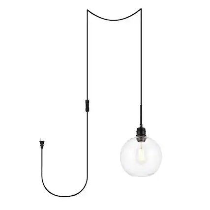 Front. Living District - Emett 1 Light Black And Clear Glass Plug In Pendant - Black.