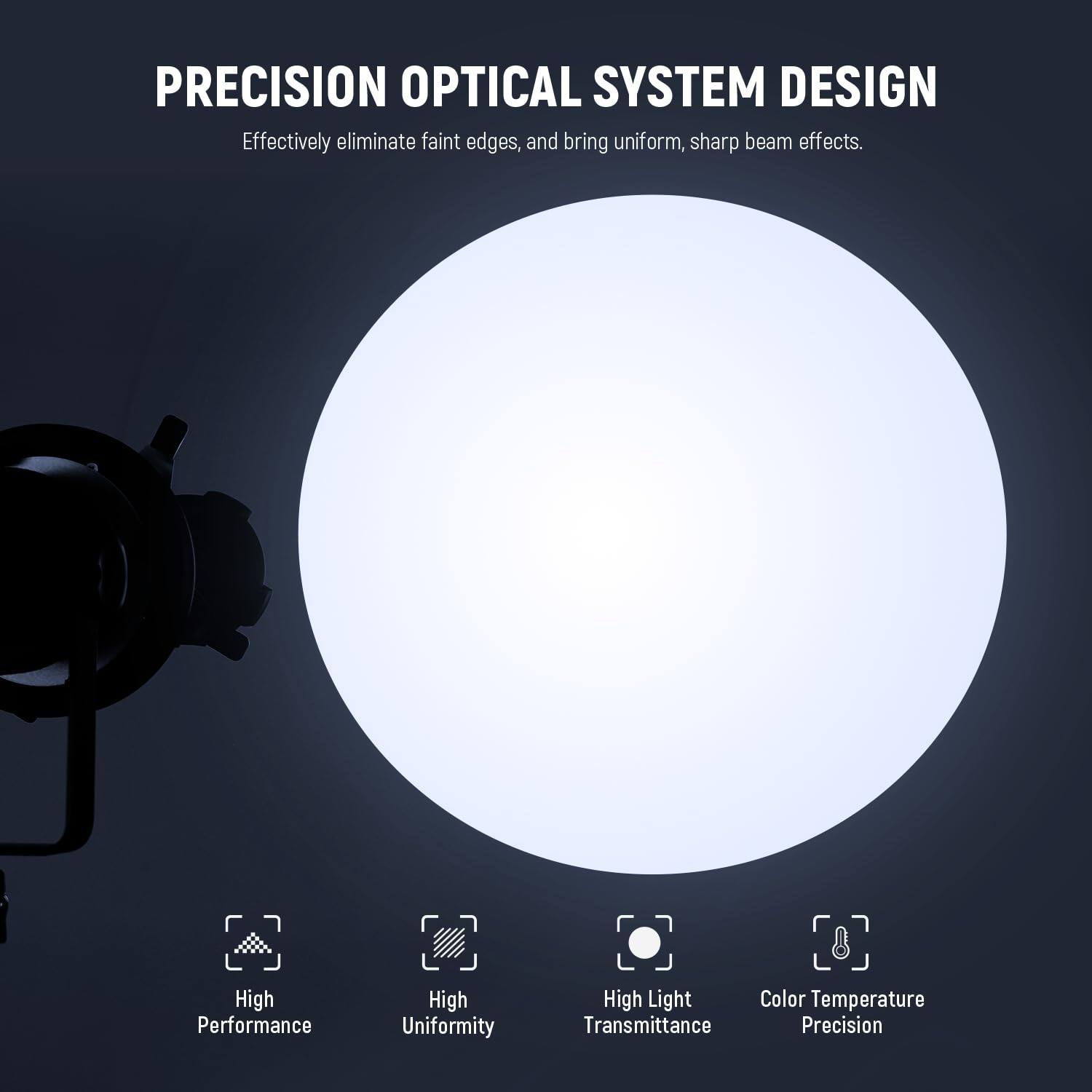 PRECISION OPTICAL SYSTEM DESIGN  
Effectively eliminate faint edges, and bring uniform, sharp beam effects.  

- High Performance  
- High Uniformity  
- High Light Transmittance  
- Color Temperature Precision