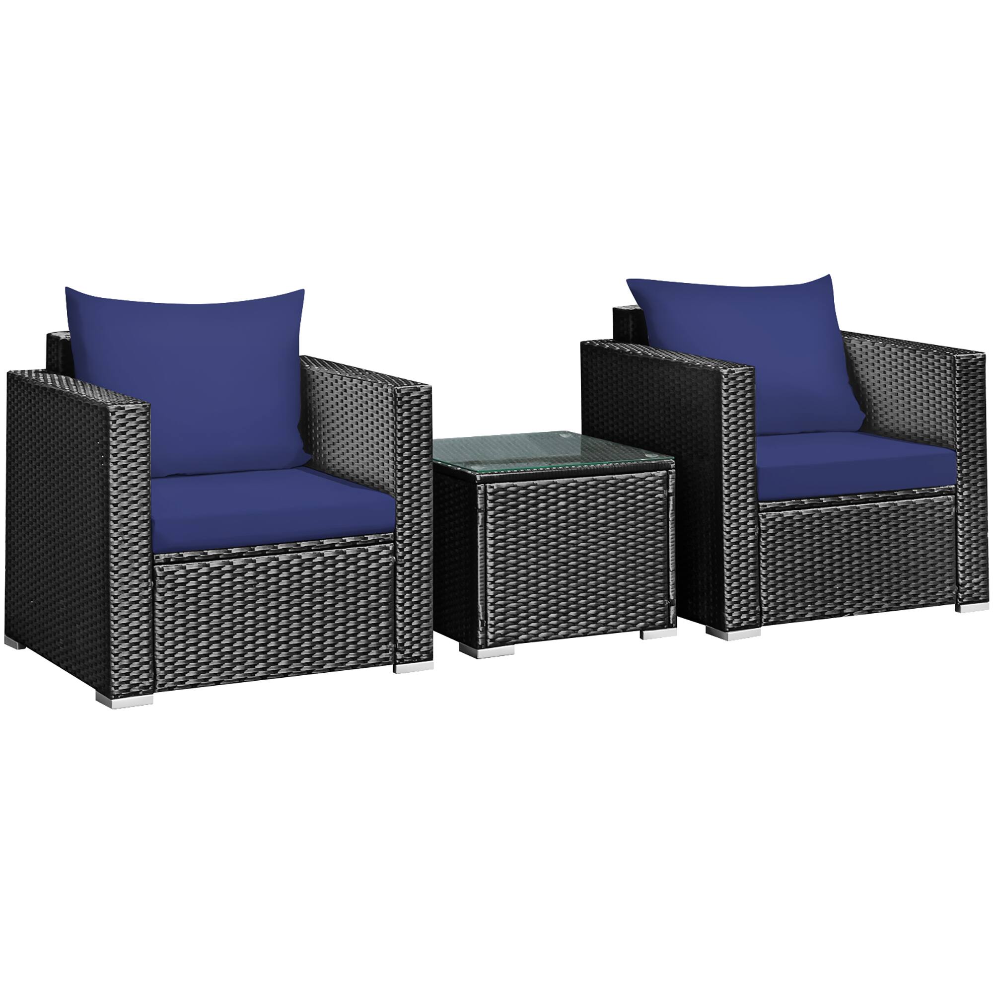 Left. Costway - 3PCS Patio Rattan Wicker Furniture Set Sofa Table W/Cushion Yard - Navy.