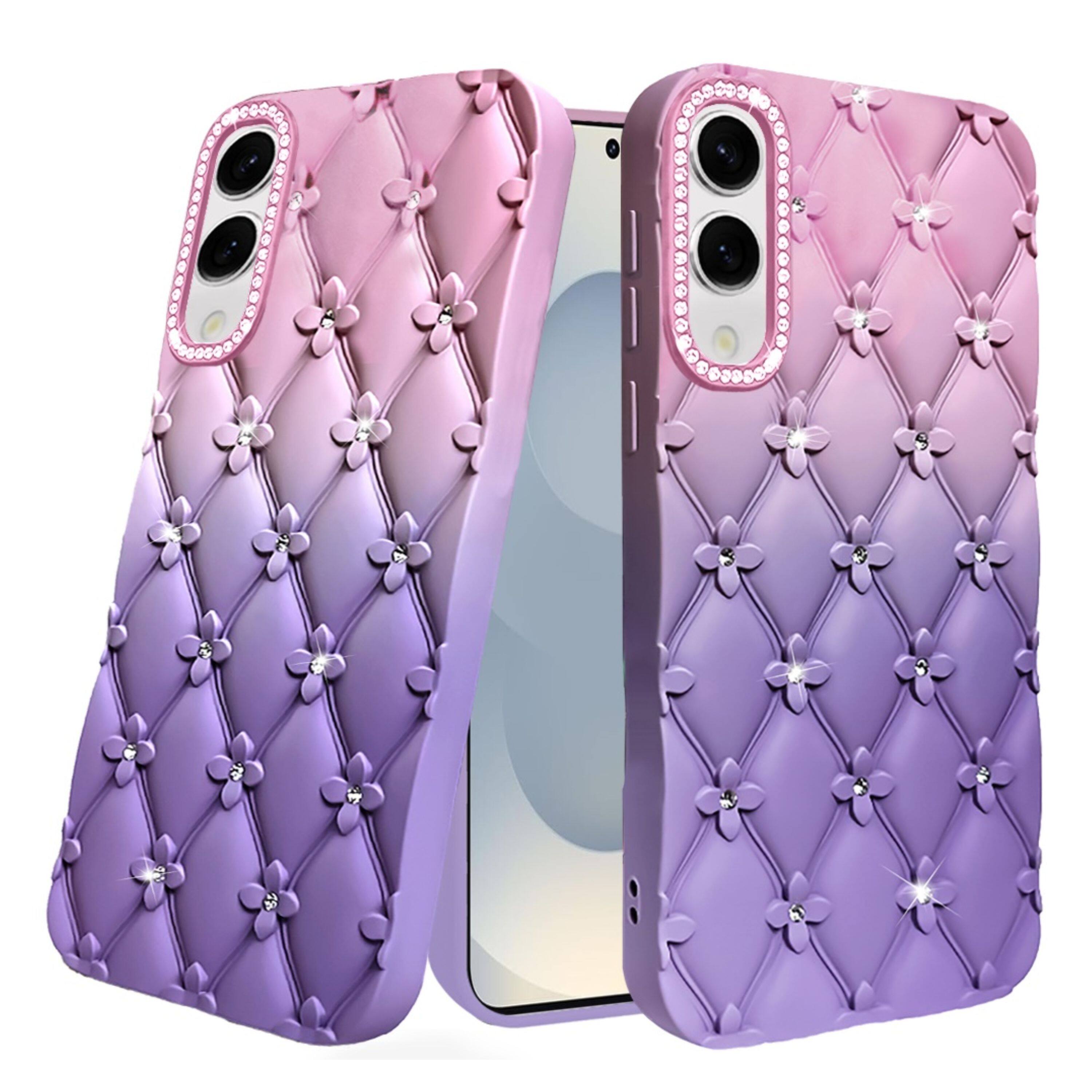 Angle. Kitcheniva - Diamond Pattern Padded Design Phone Case With Tempered Glass For Samsung S25 Edge Light Pink/Light Purple - Light Pink/Light Purple.
