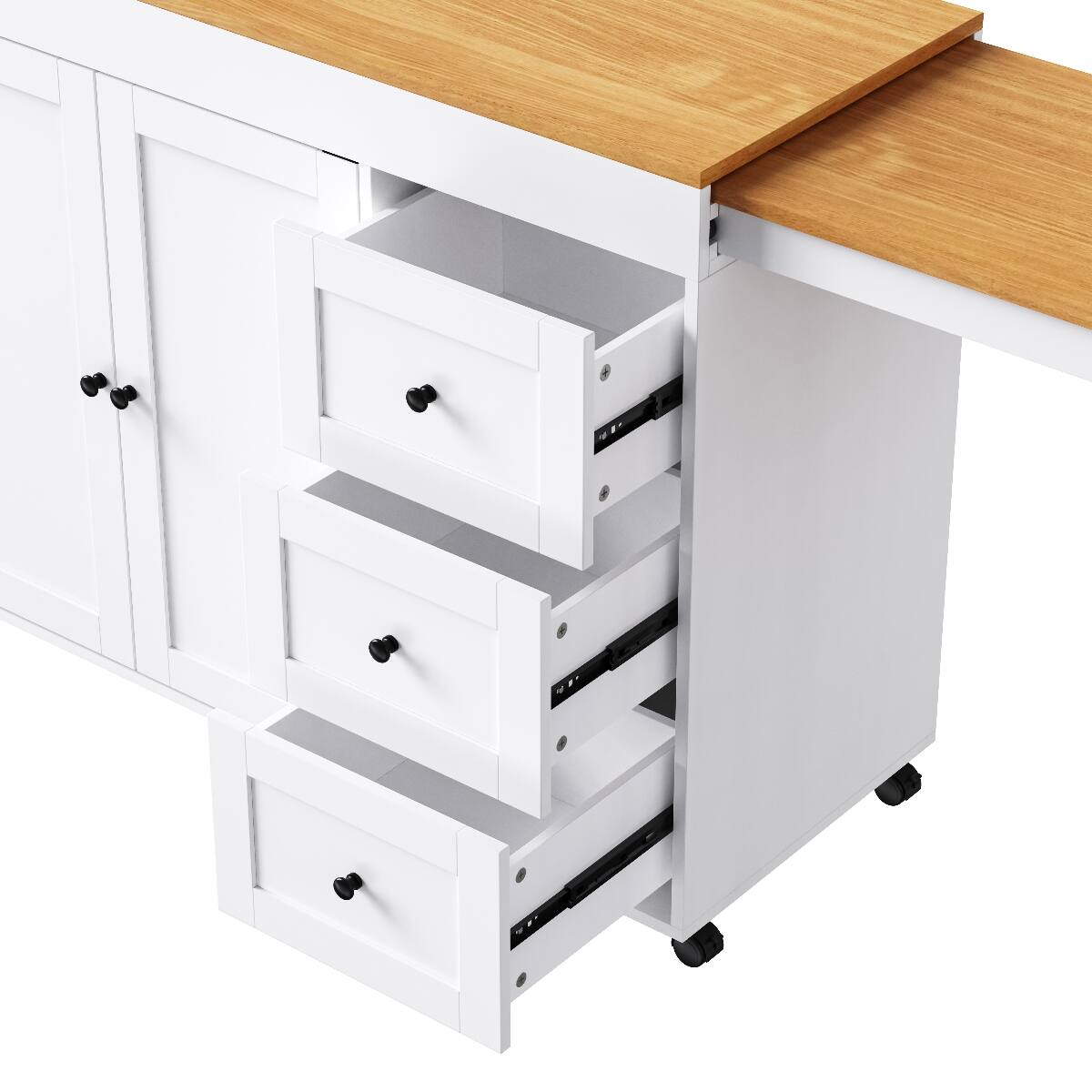 Alt View 2. Loheer - Loheer 74.8" Kitchen Island with Extendable Dining Table, White Kitchen Storage Cart with 3 Drawers & Power Outlet - White.