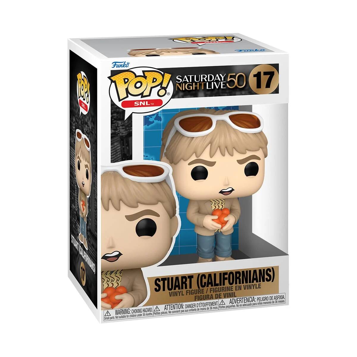 FO TmEn Funko SATURDAY 50 17 A POP! NIGHTLIVE LIVE SNL TM T0 10 1  STUART (CALIFORNIANS) EN VINYLE FIGURE / FIGURINE VINYL DE VINIL FIGURA ADVERTENCIA: PELIGRO DE ASFIA A - a 3 mesec TOUFFEMENT, aduade 201 a ATTENTION: DANGER I Partes perquertas 1 a A mens - 30 noi HAZARD a ontarts de A WARNING: CHOKING Pettes pices a conviet - chiden -d 3 mnorths a sbe  Snal pet