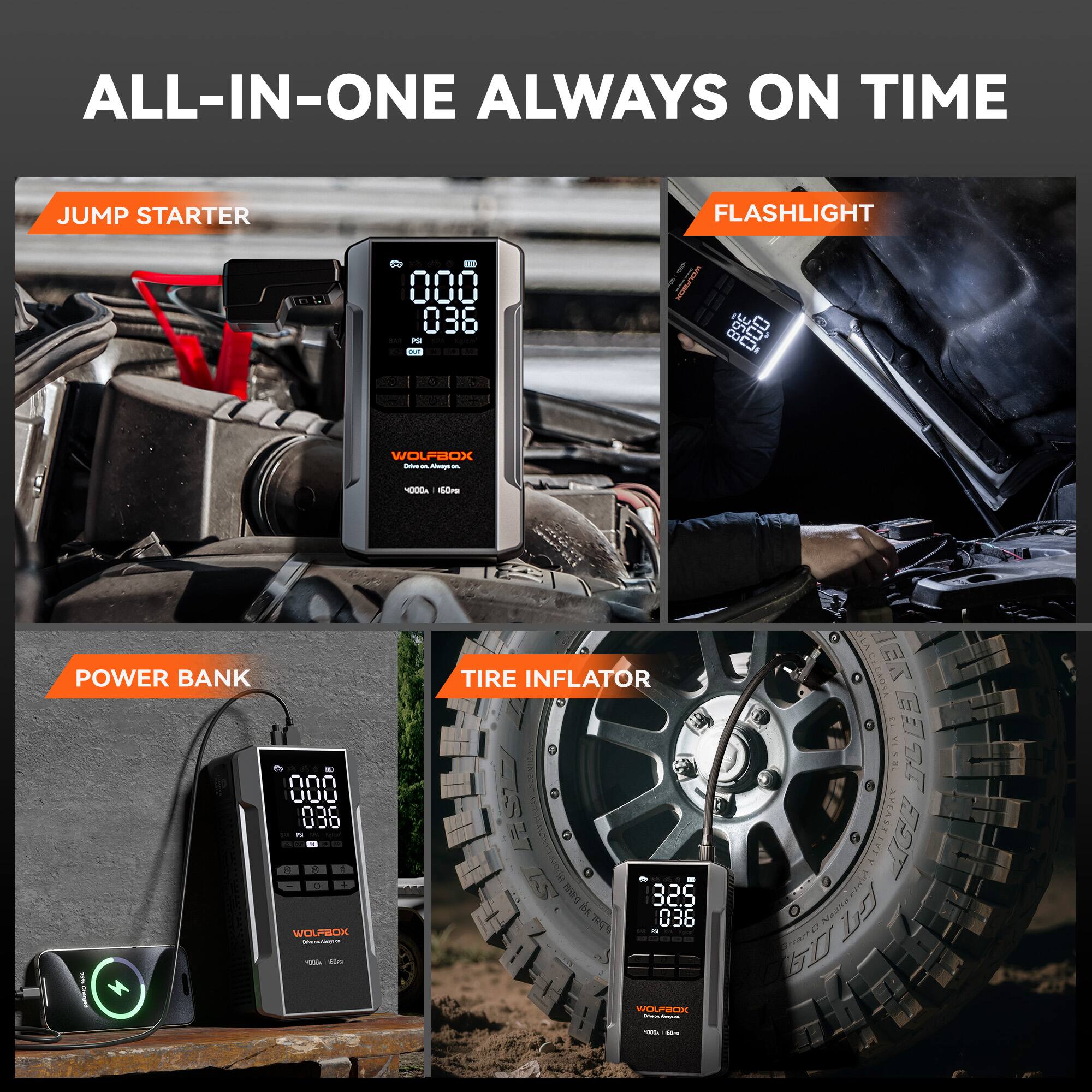 ALL-IN-ONE ALWAYS ON TIME JUMP STARTER FLASHLIGHT - 000 036 P - - S CJ CC WOLPBOX I - - - - -rs POWER BANK i - 000 UUU 036 c WOURBOX - - - TIRE INFLATOR 32S I arpat 036 WOLPBON - - 10R77SV19 9SOFI1 MEK VISM I AREAST EAI LICE
