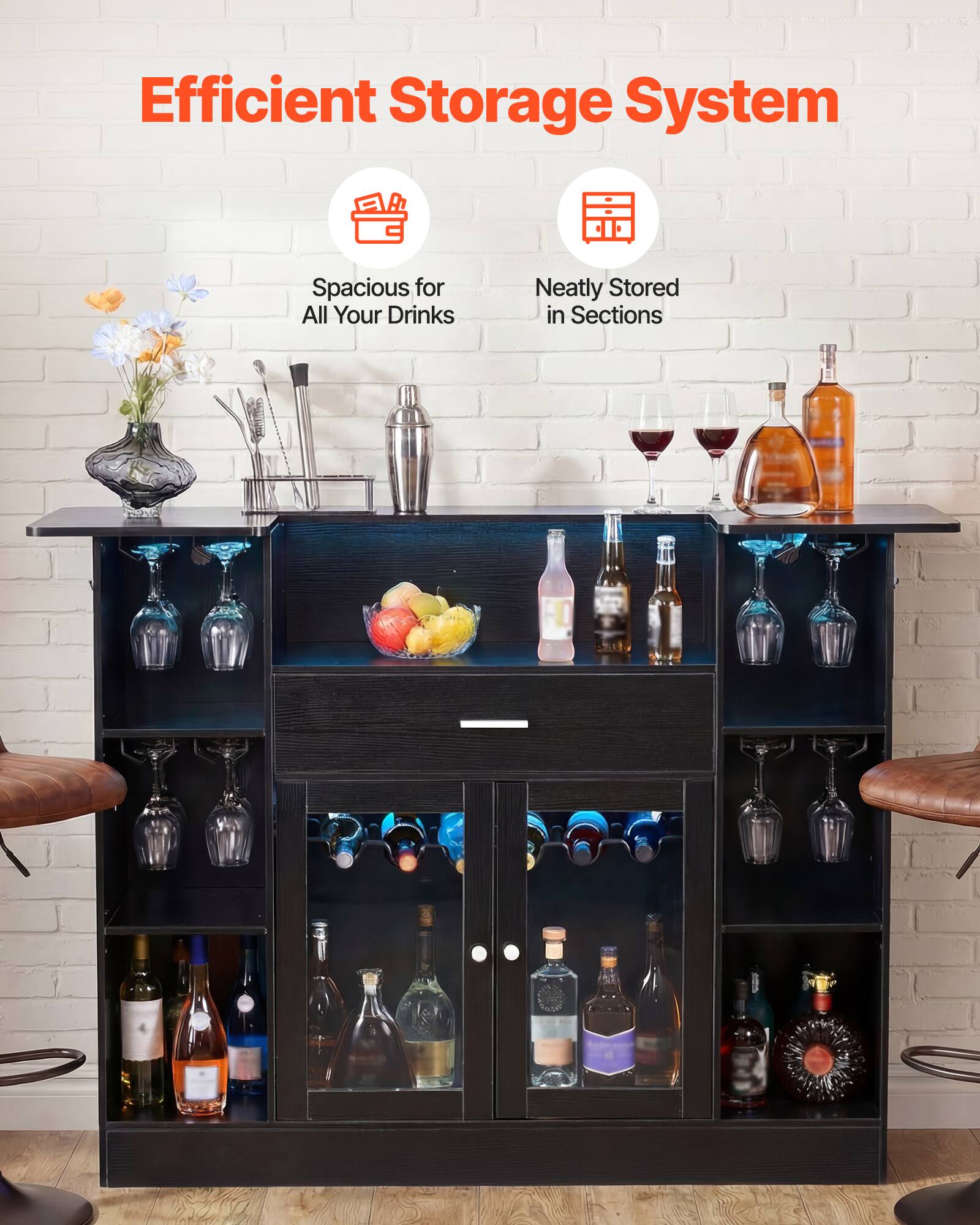 Efficient Storage System  
Spacious for All Your Drinks  
Neatly Stored in Sections