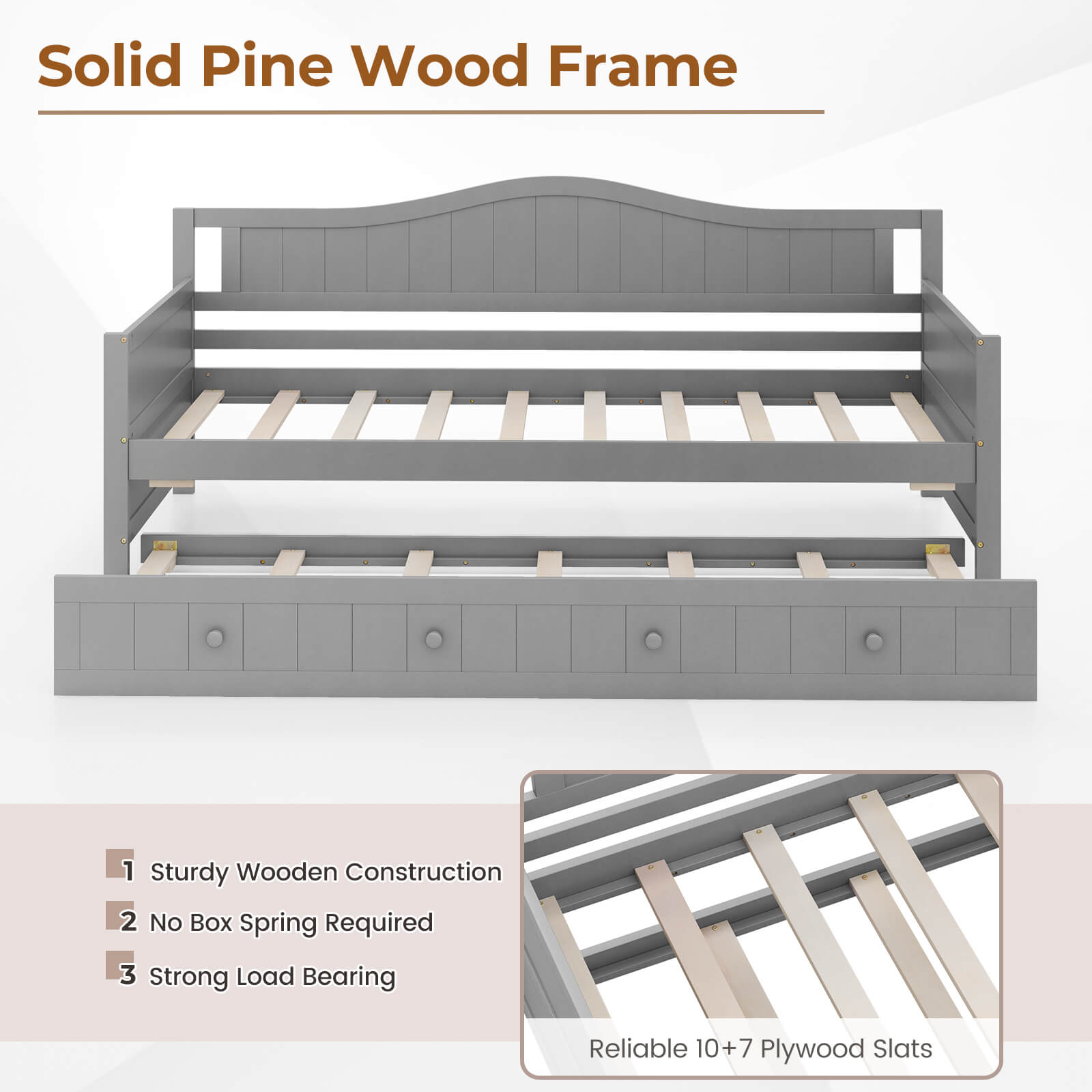 Solid Pine Wood Frame: 1. Sturdy Wooden Construction: 2. No Box Spring Required: 3. Strong Load Bearing: Reliable: 10+7 Plywood Slats