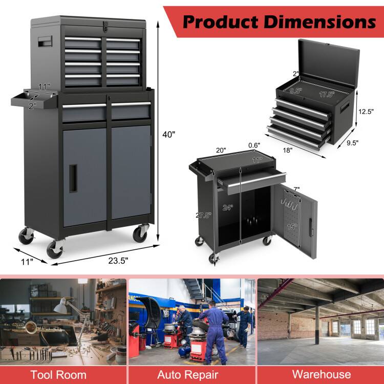 Product Dimensions: 40" x 23.5" x 20"  
Drawer Dimensions: 18" x 9.5" x 17.5"  
Cabinet Dimensions: 27.5" x 11" x 2"  
Tool Room, Auto Repair, Warehouse