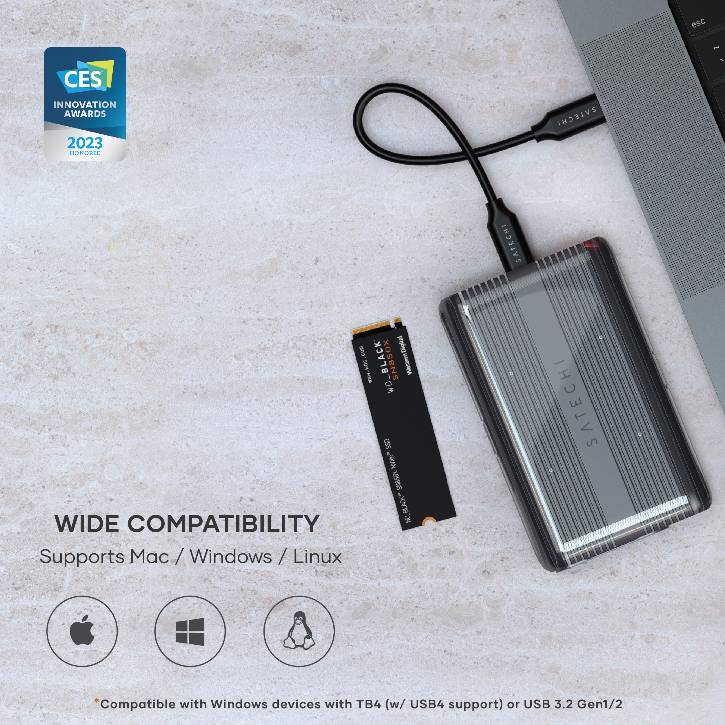 eSC - CES INNOVATION AWARDS 2023  
ISONOIRIE SATECHI  
SATECHI Sum Digital i BLACK SNB5OX  
WIDE COMPATIBILITY  
Supports Mac / Windows / Linux  
*Compatible with Windows devices with TB4 (w/ USB4 support) or USB 3.2 Gen1/2