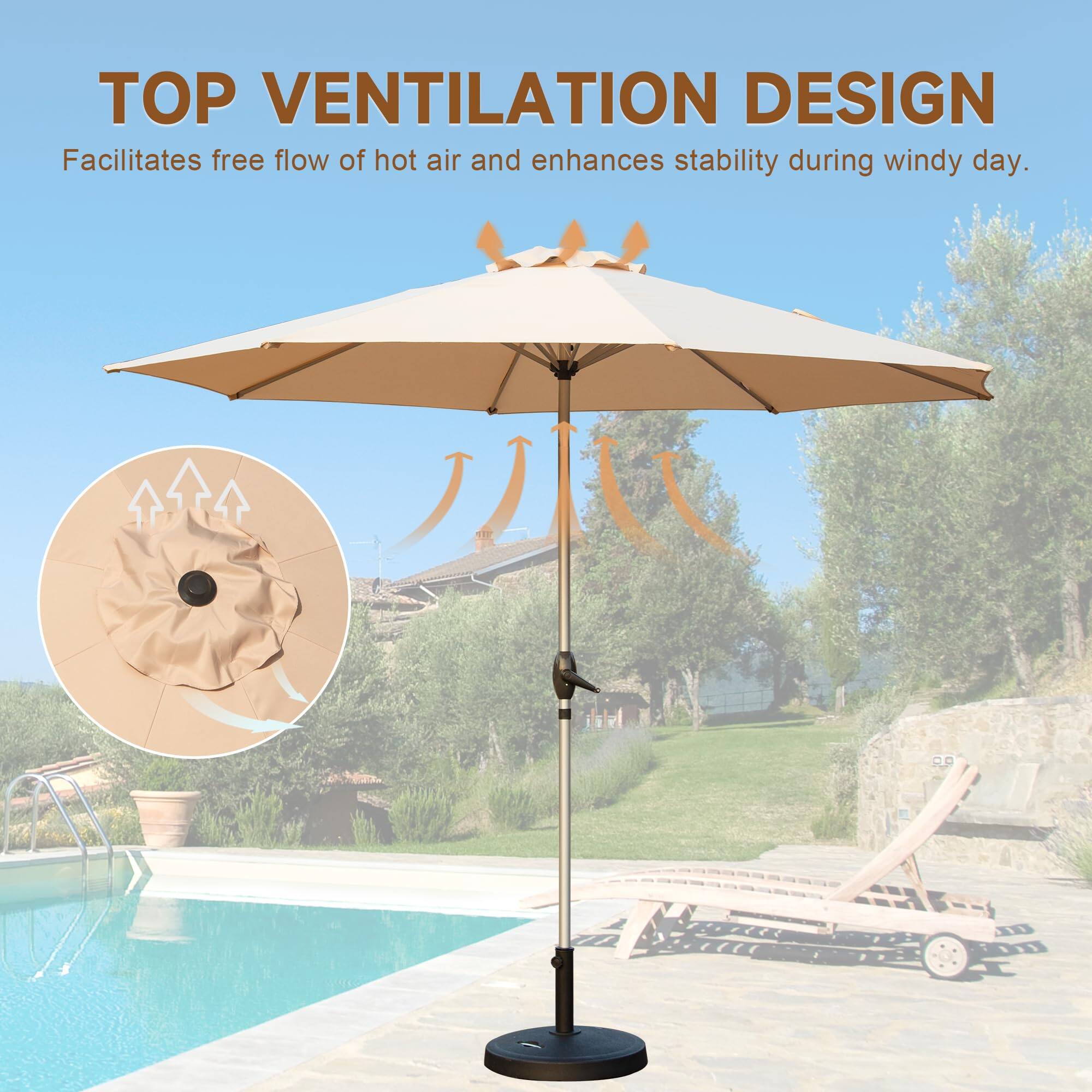 TOP VENTILATION DESIGN  
Facilitates free flow of hot air and enhances stability during windy day.
