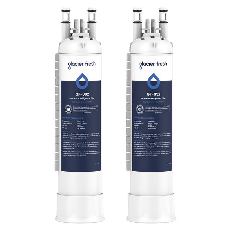 glacier fresh  
GF-092  
Ice & Water Refrigerator Filter  
Replace every 6 months  

NSF  
Operating Parameters  
Temperature: 32°F - 100°F  
Working Pressure: 30 - 100 psi  
Capacity: 200 gallons  

glacier fresh  
GF-092  
Ice & Water Refrigerator Filter  
Replace every 6 months  

NSF  
Operating Parameters  
Temperature: 32°F - 100°F  
Working Pressure: 30 - 100 psi  
Capacity: 200 gallons