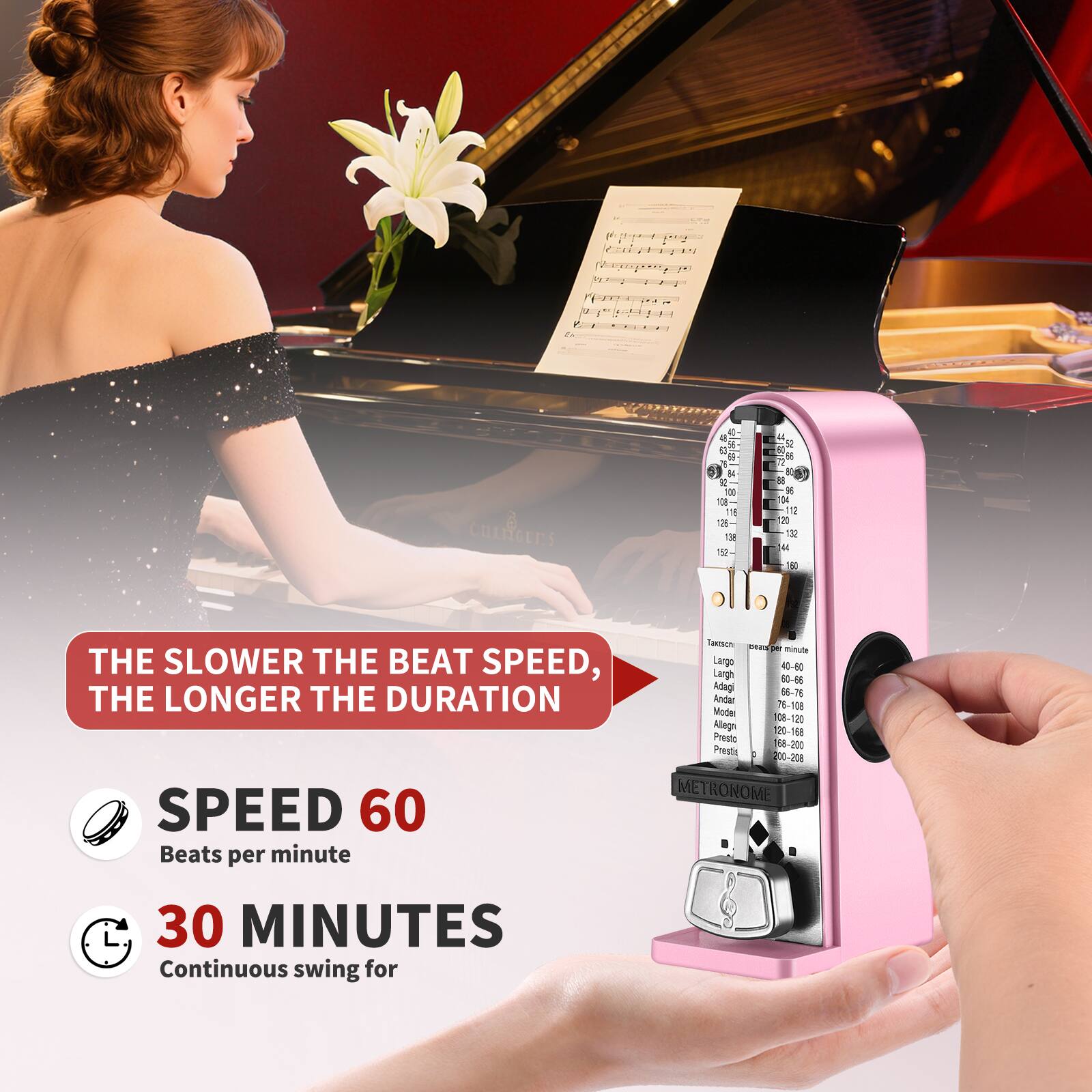 THE SLOWER THE BEAT SPEED, THE LONGER THE DURATION

SPEED 60  
Beats per minute

30 MINUTES  
Continuous swing for