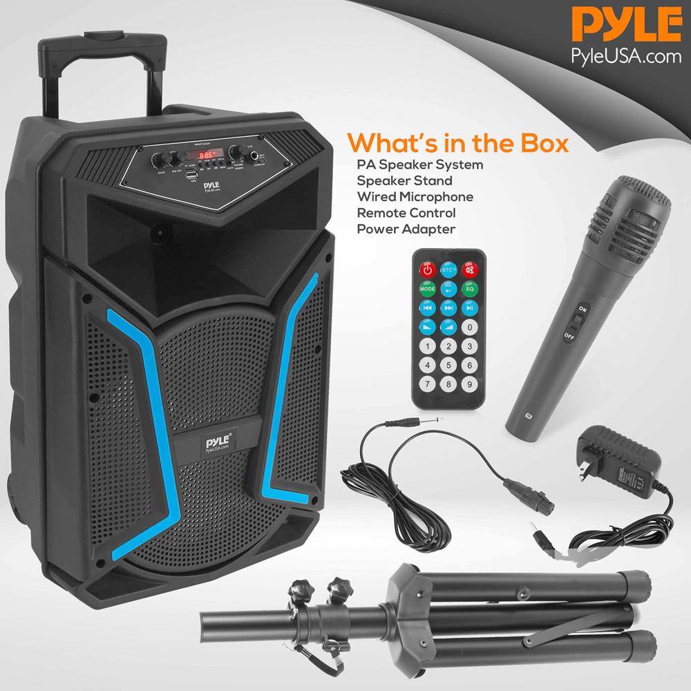 PYLE  
PyleUSA.com  

What's in the Box  
PA Speaker System  
Speaker Stand  
Wired Microphone  
Remote Control  
Power Adapter  

PYLE  
PYLE
